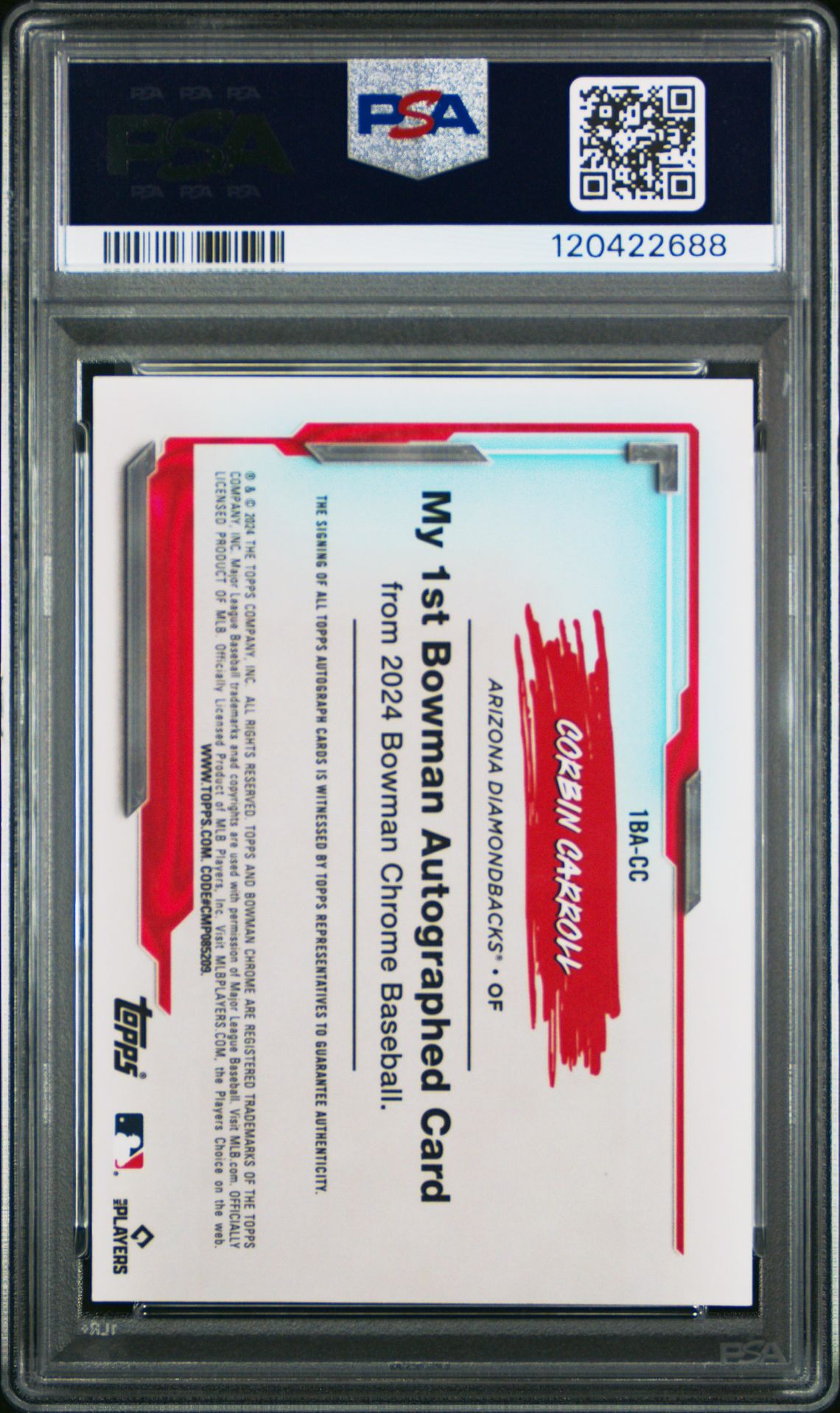 2024 Bowman Chrome My 1St Bowman Autographs Corbin Carroll #1Bacc (My 1St Bowman Au-Org Ref) Gem Mt 10 back