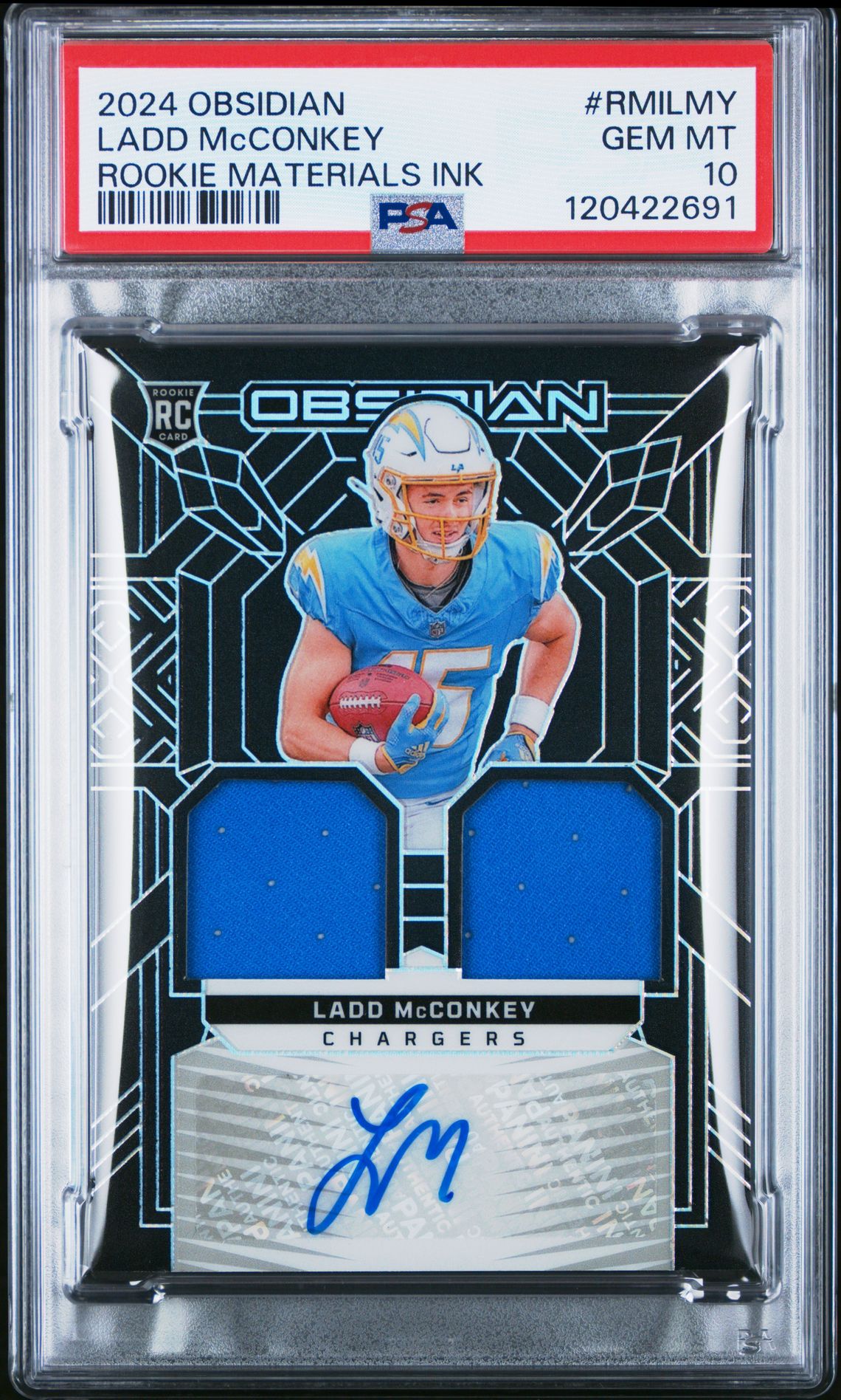 2024 Panini Obsidian Rookie Materials Ink Ladd Mcconkey #Rmilmy Gem Mt 10 front