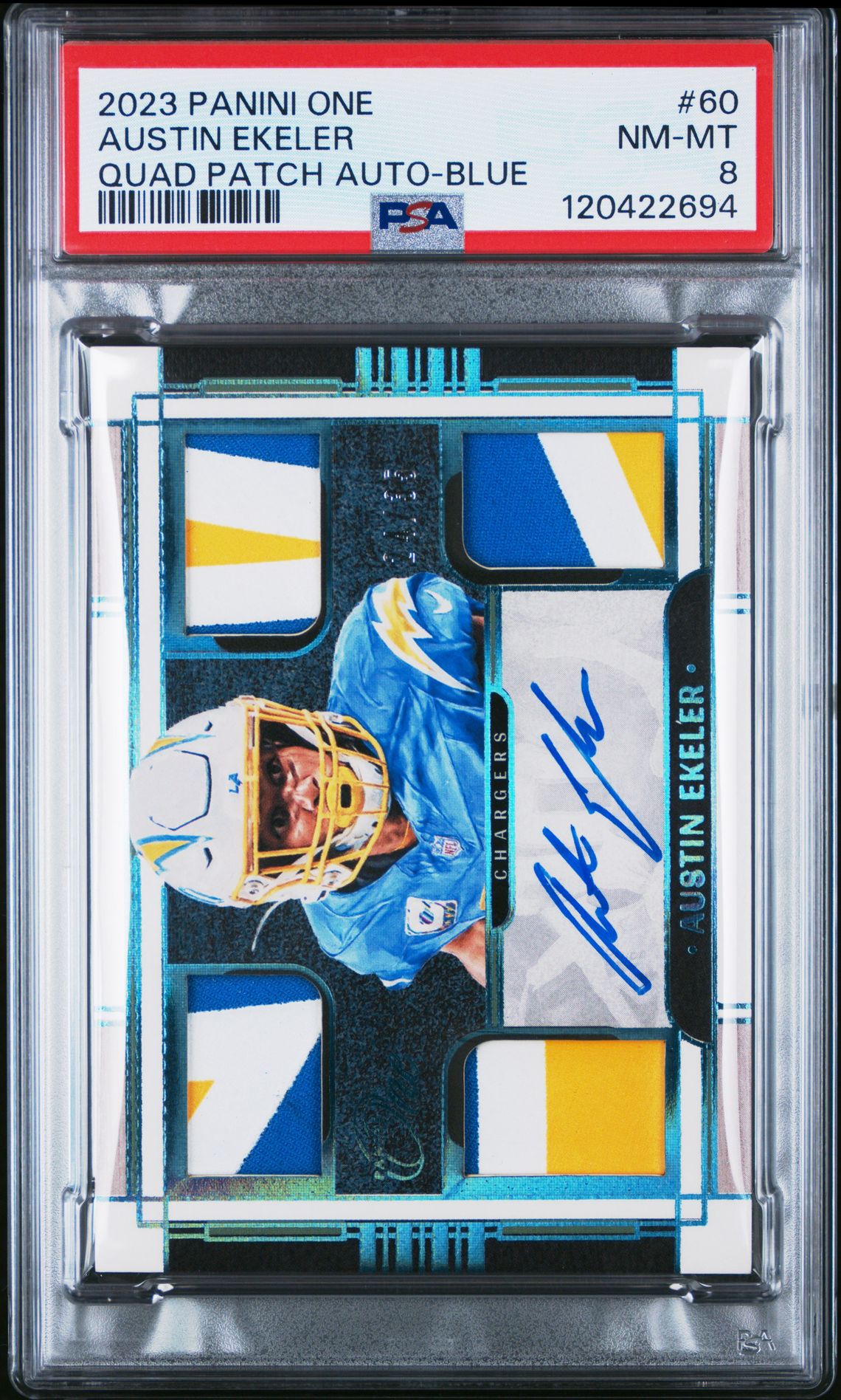 2023 Panini One Austin Ekeler #60 (Quad Patch Auto-Blue) Nm-Mt 8 front