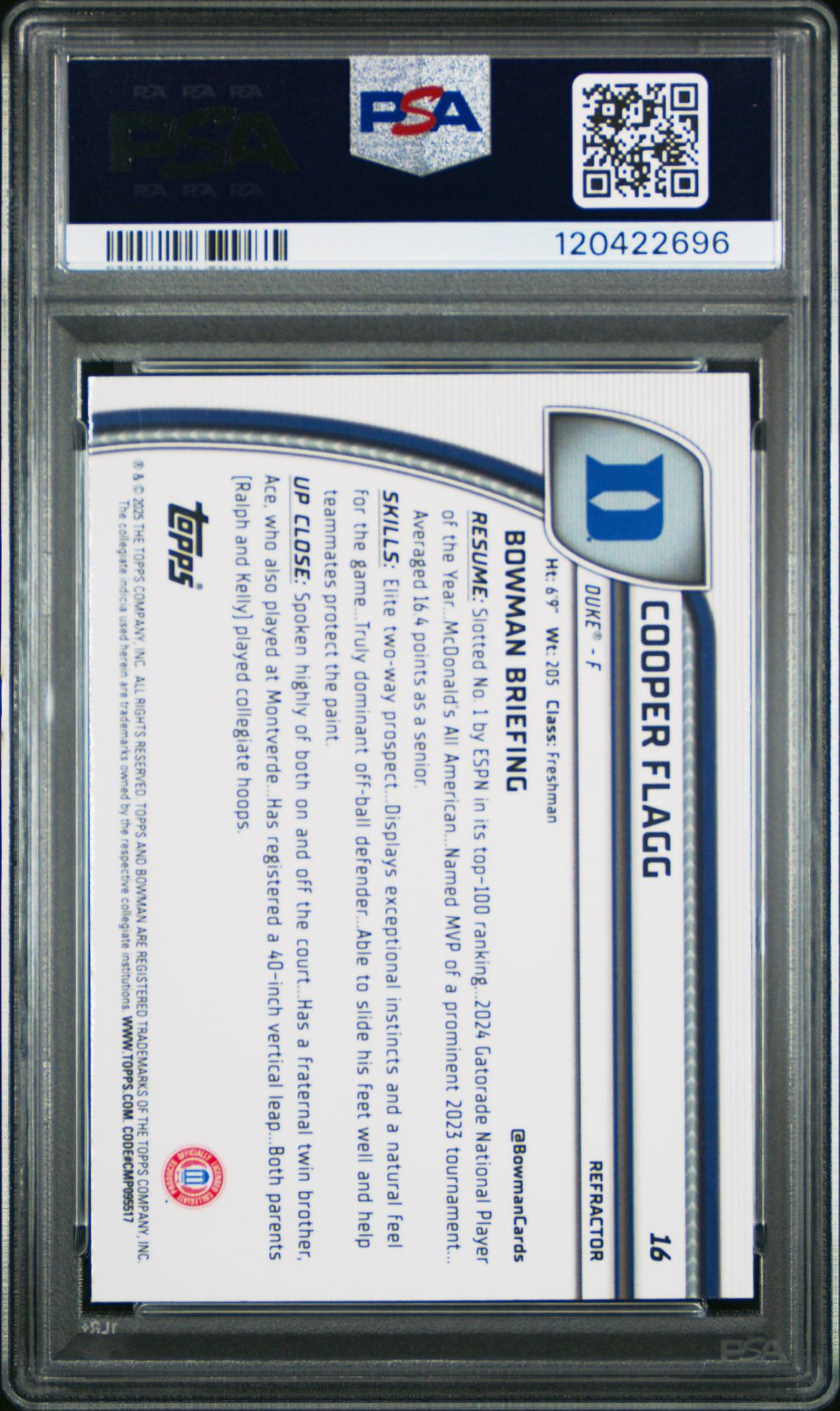 2024 Bowman Chrome University Cooper Flagg #16 (Refractor) Gem Mt 10 back