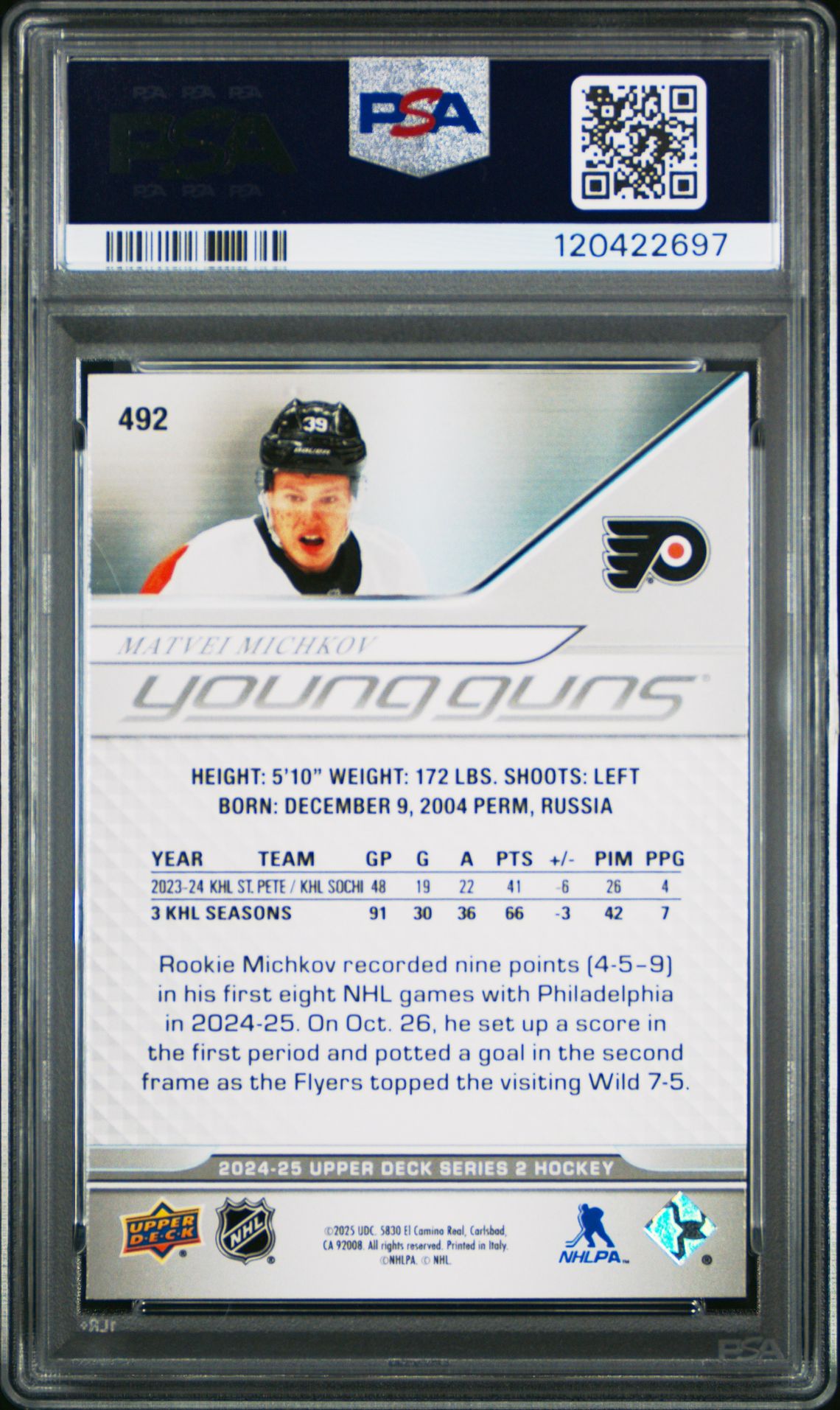 2024 Upper Deck Matvei Michkov #492 Gem Mt 10 back