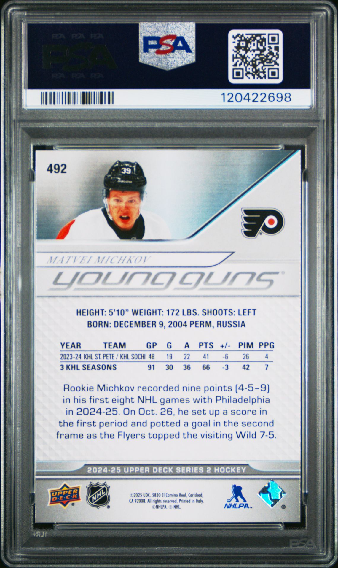 2024 Upper Deck Matvei Michkov #492 Mint 9 back