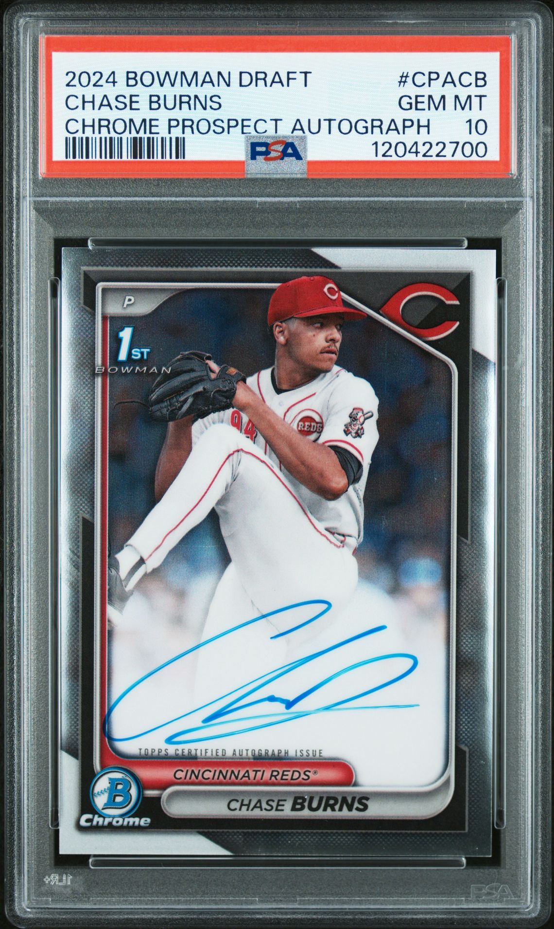 2024 Bowman Draft Chrome Prospect Autographs Chase Burns #Cpacb Gem Mt 10 front