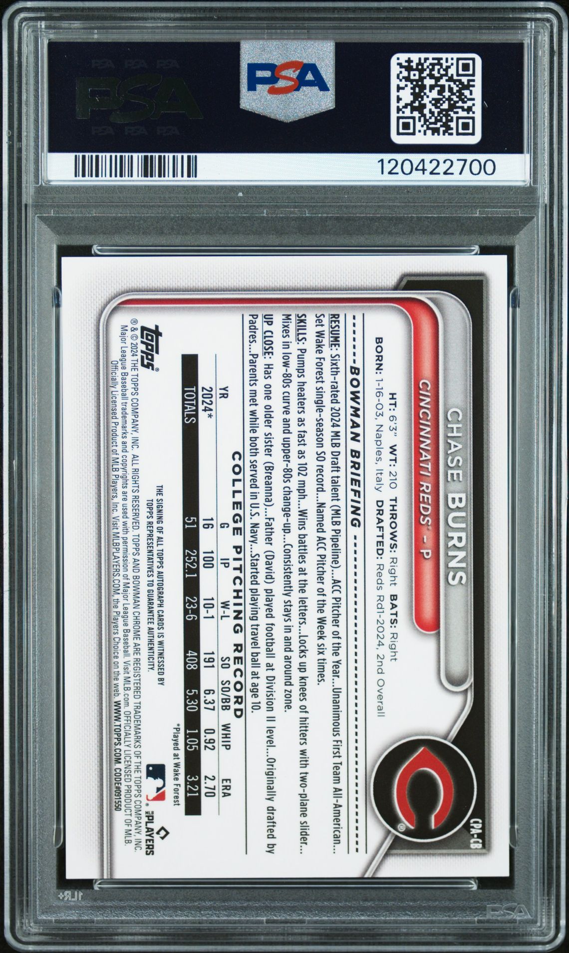 2024 Bowman Draft Chrome Prospect Autographs Chase Burns #Cpacb Gem Mt 10 back