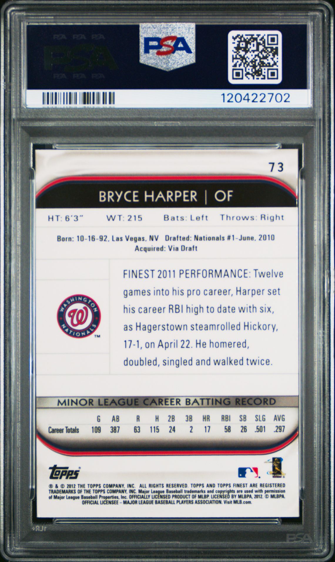 2012 Finest Bryce Harper #73 Mint 9 back