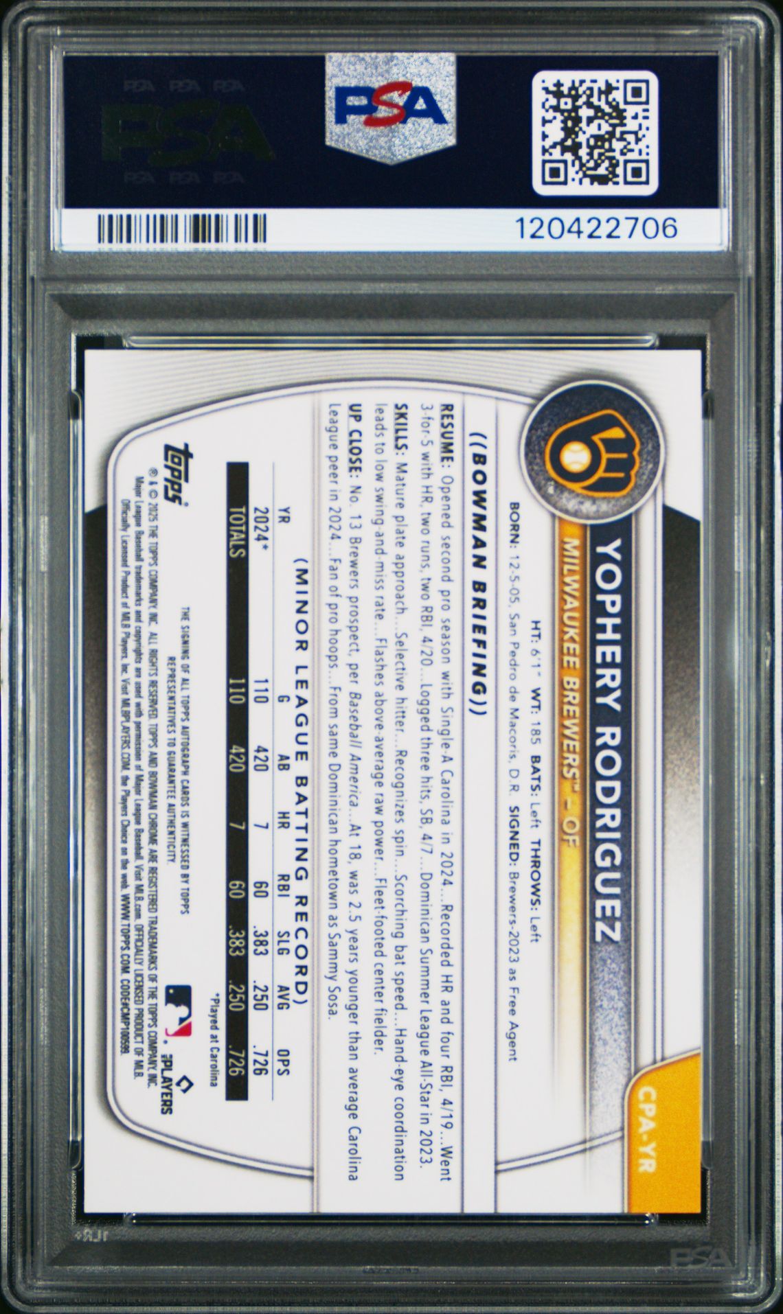 2025 Bowman Chrome Prospect Autographs Yophery Rodriguez #Cpayr Mint 9 back