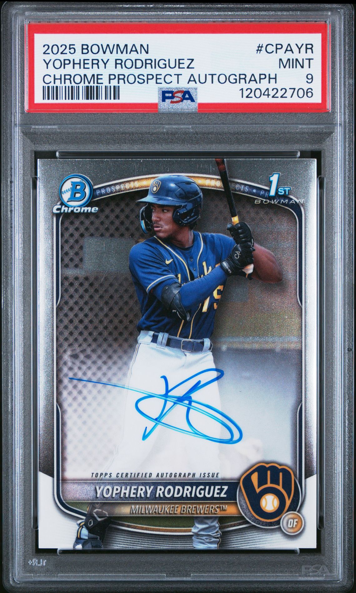 2025 Bowman Chrome Prospect Autographs Yophery Rodriguez #Cpayr Mint 9 front