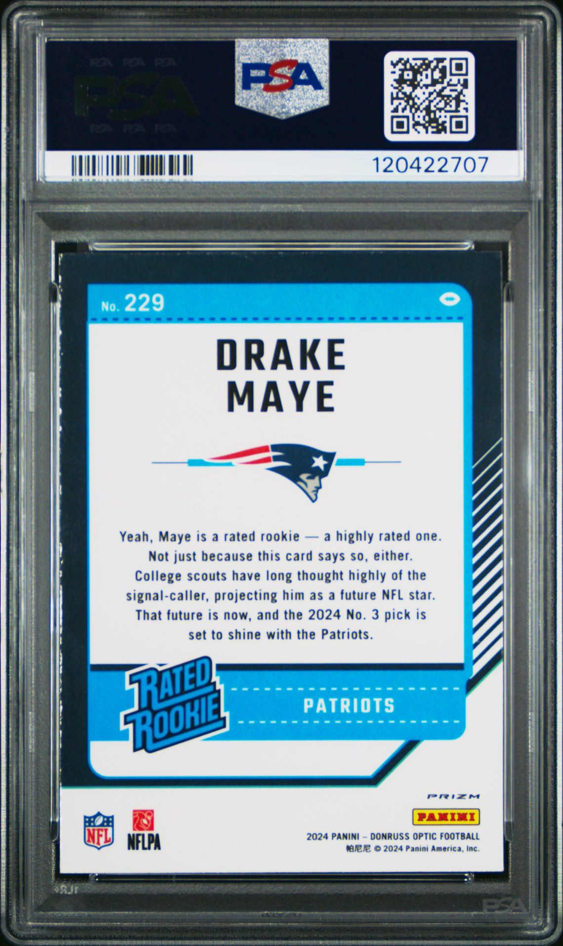 2024 Panini Donruss Optic Drake Maye #229 (Blue Hyper) Gem Mt 10 back