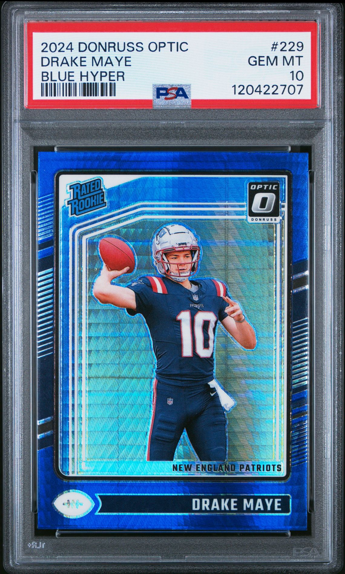 2024 Panini Donruss Optic Drake Maye #229 (Blue Hyper) Gem Mt 10 front