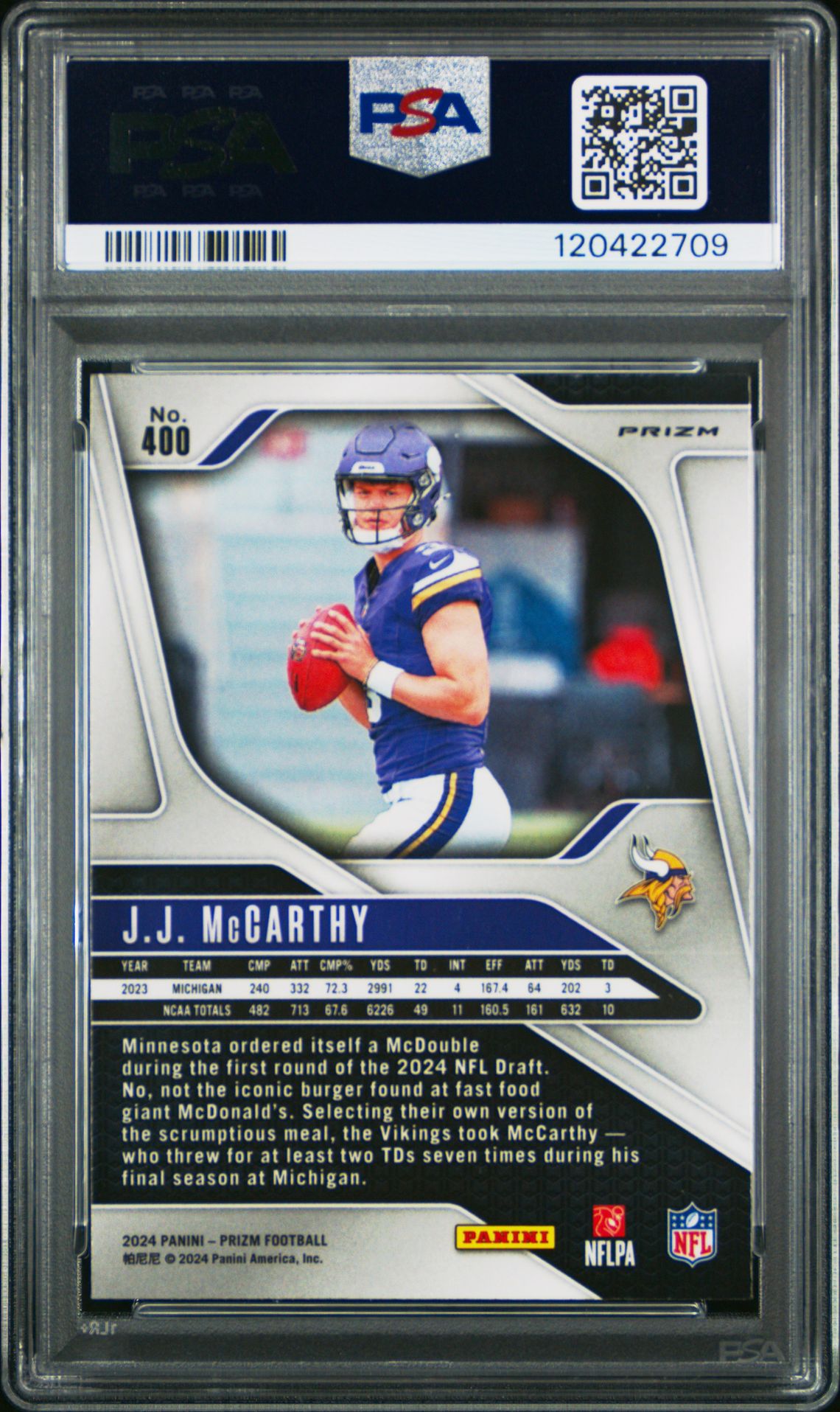 2024 Panini Prizm Jj Mccarthy #400 (Lazer Prizm) Gem Mt 10 back