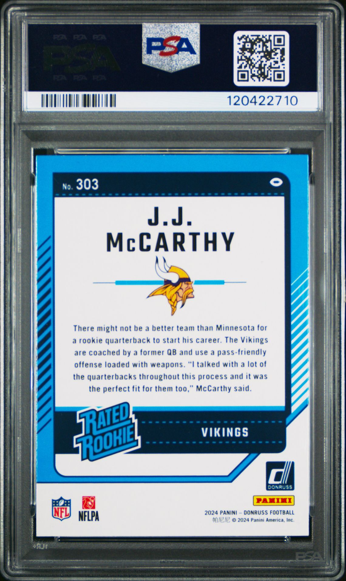 2024 Panini Donruss Jj Mccarthy #303 (Press Proof Blue) Nm-Mt 8 back
