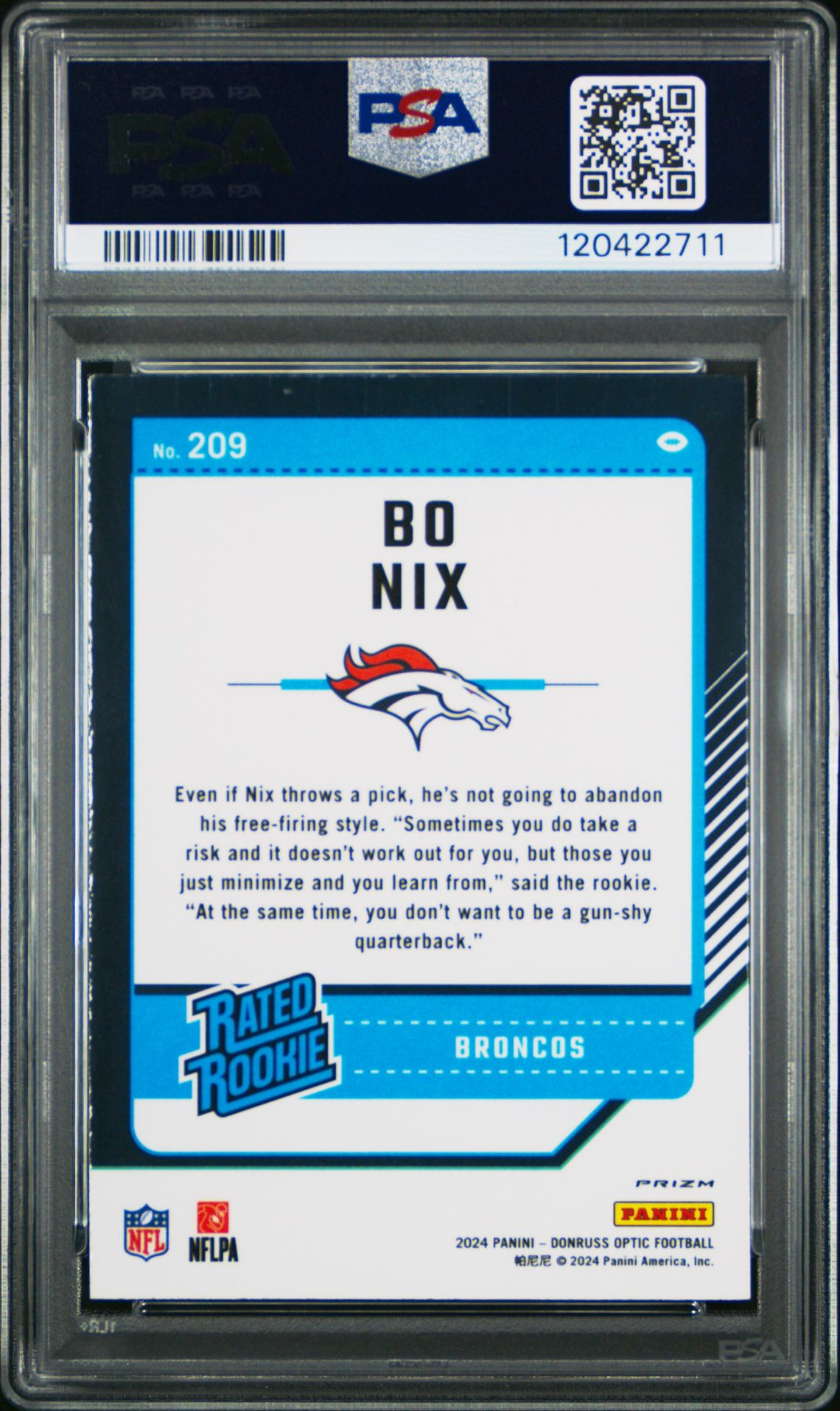 2024 Panini Donruss Optic Bo Nix #209 (Blue Hyper) Gem Mt 10 back