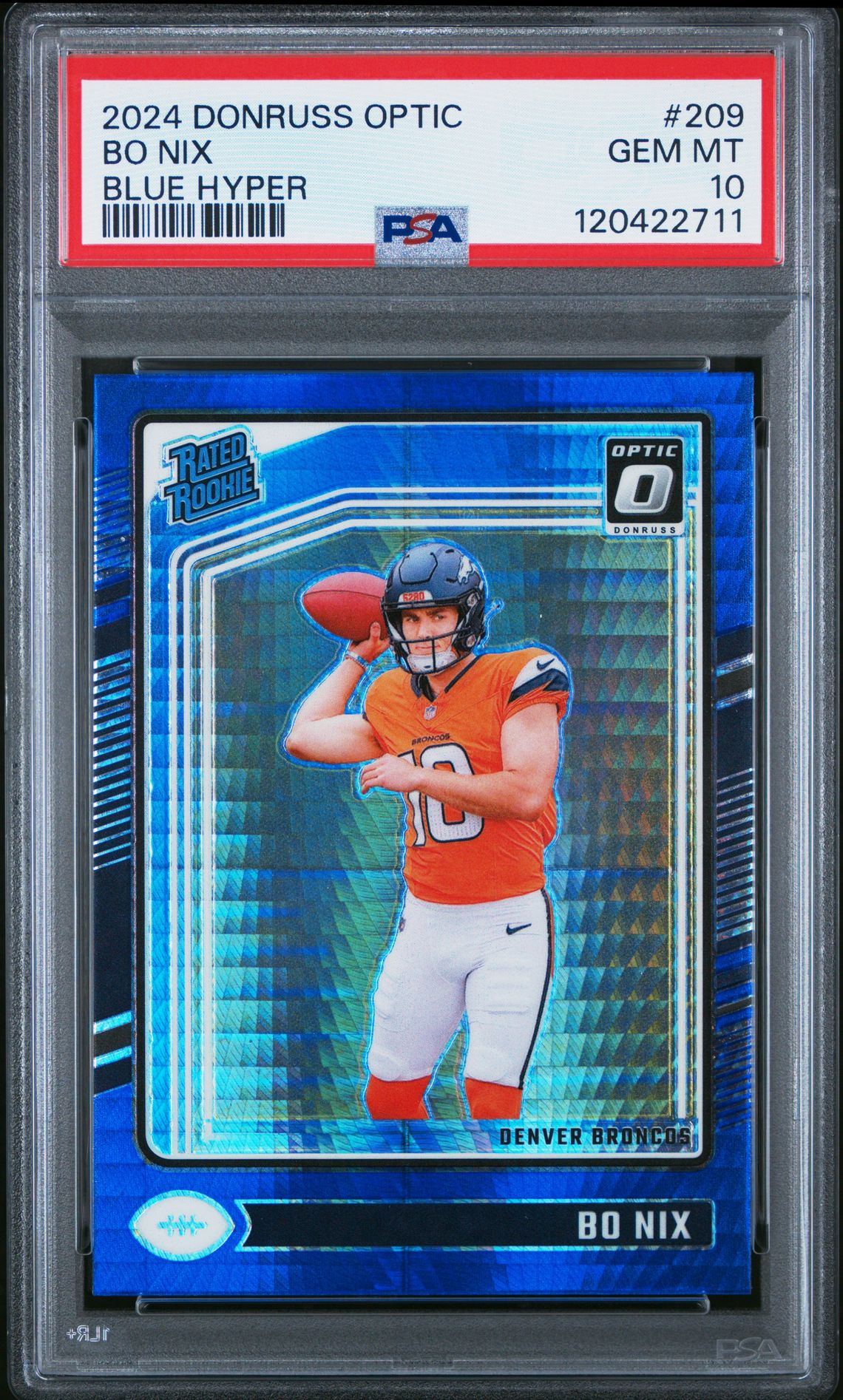 2024 Panini Donruss Optic Bo Nix #209 (Blue Hyper) Gem Mt 10 front