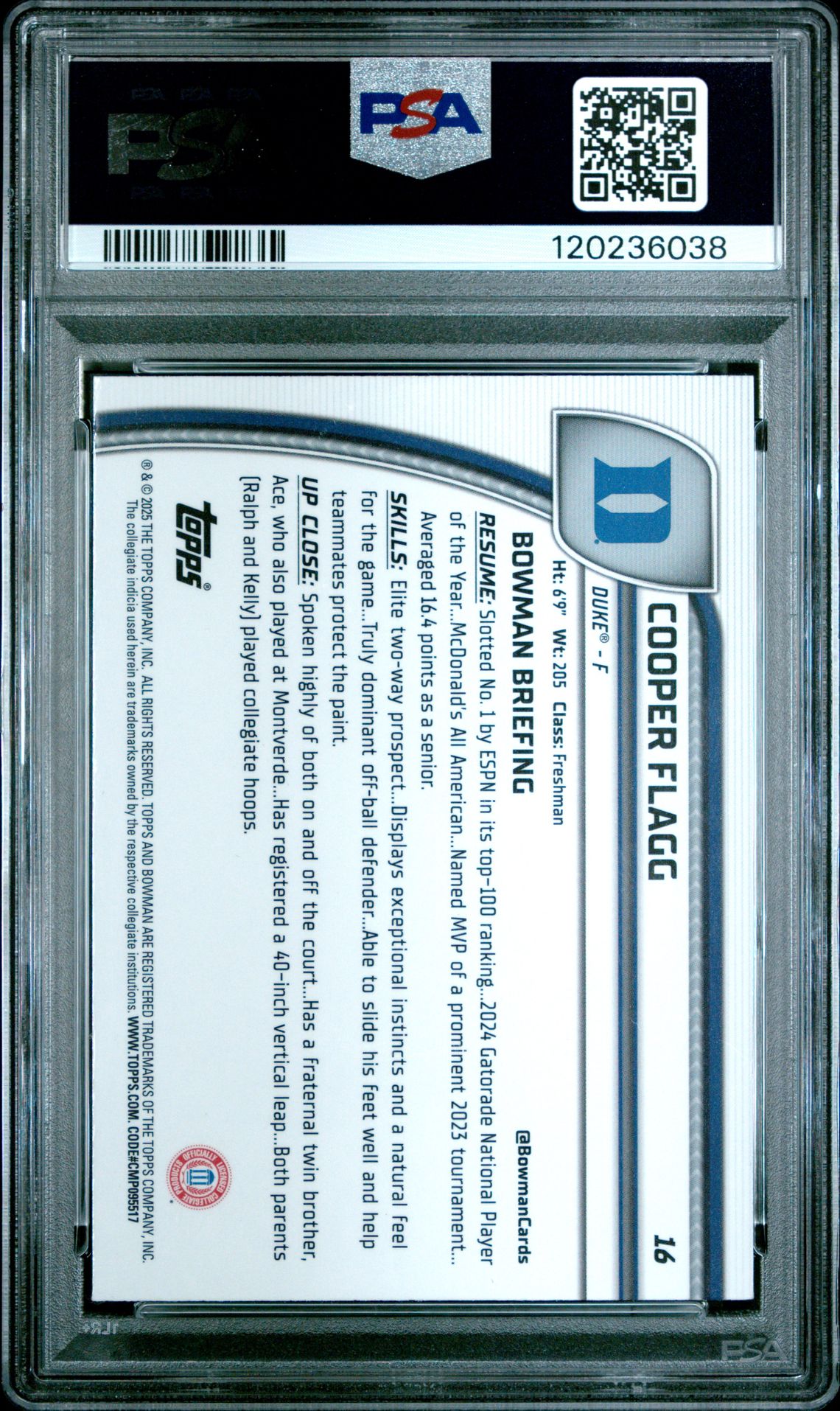 2024 Bowman Chrome University Cooper Flagg #16 (Black Wave) Mint 9 back