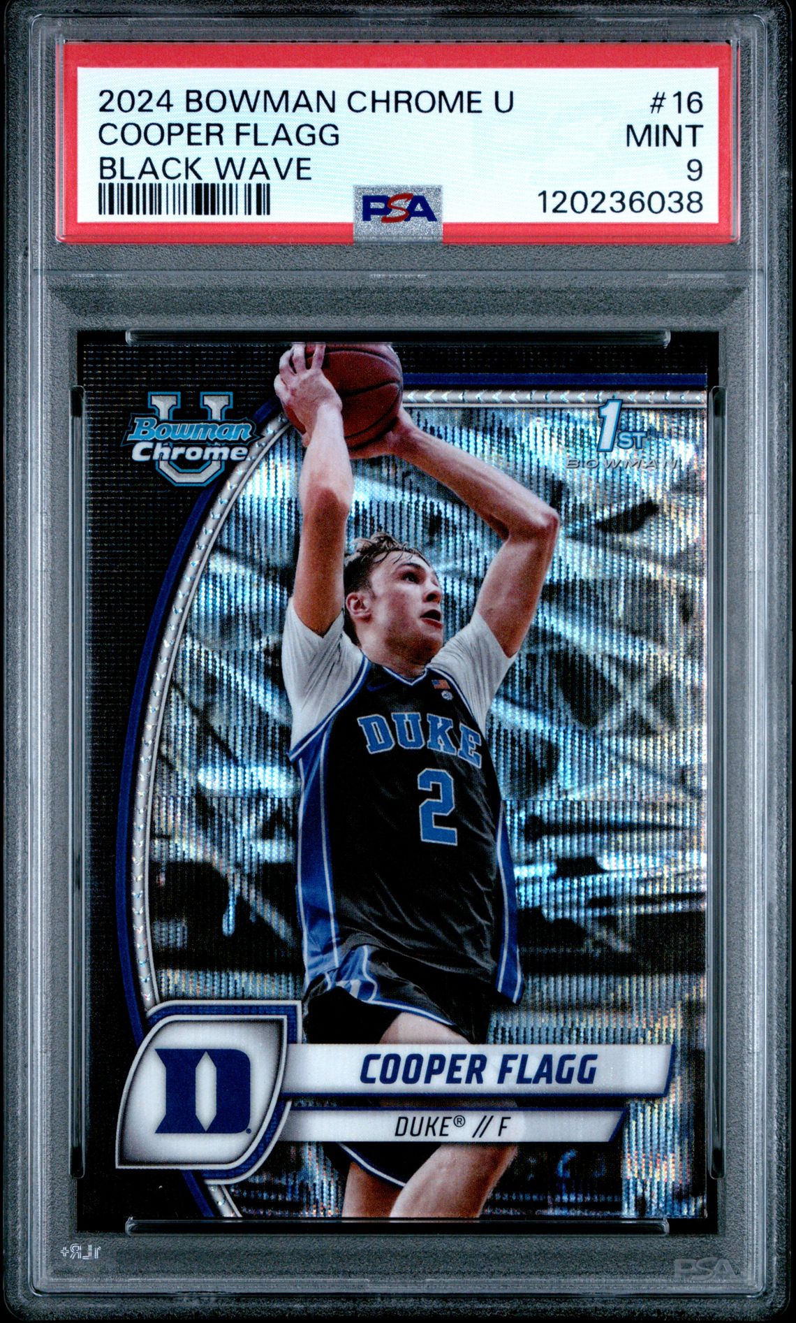 2024 Bowman Chrome University Cooper Flagg #16 (Black Wave) Mint 9 front