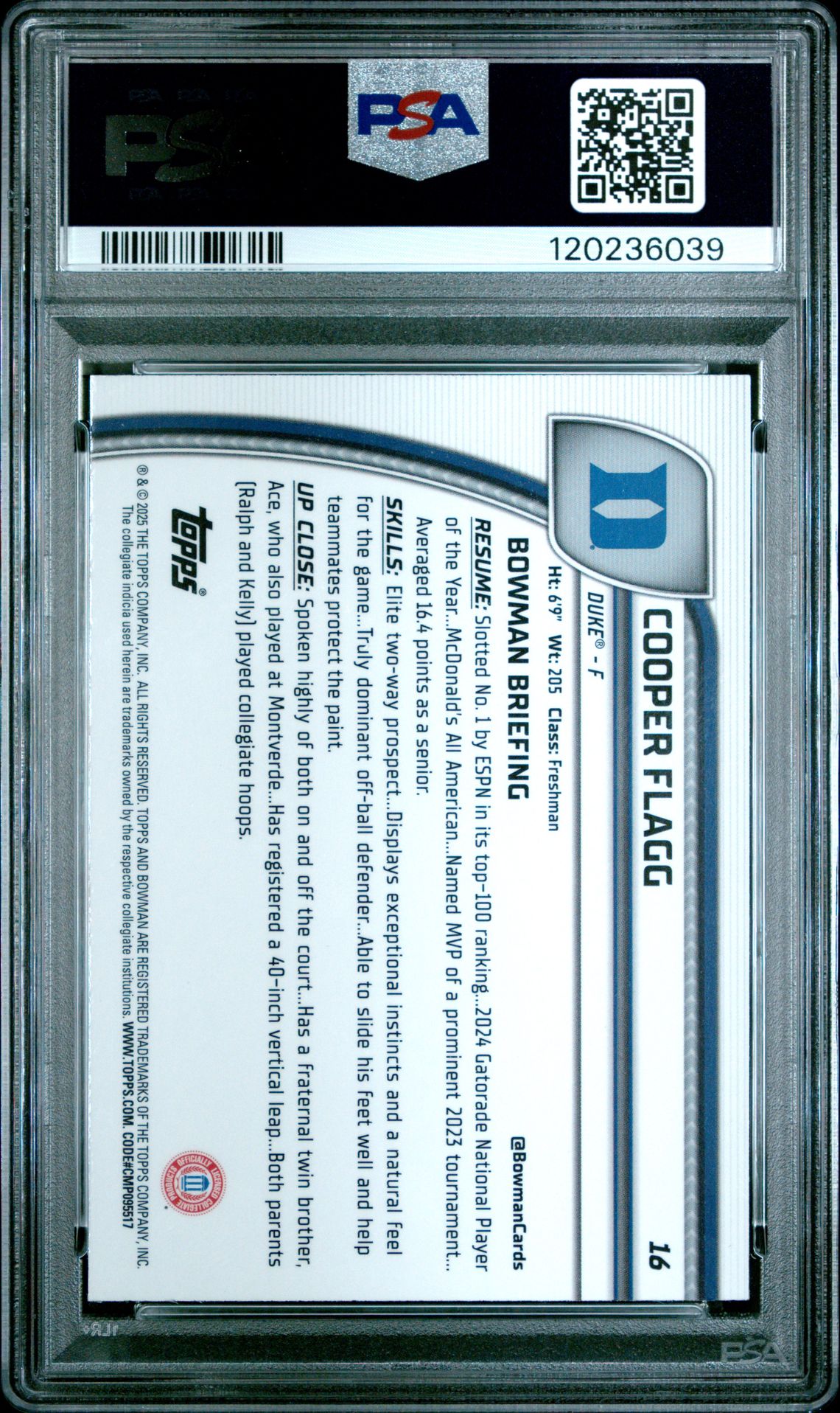 2024 Bowman Chrome University Cooper Flagg #16 (Green Shimmer) Gem Mt 10 back