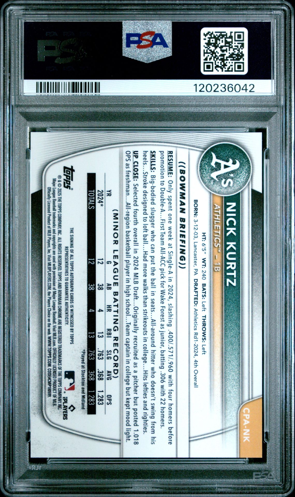 2025 Bowman Chrome Prospect Autographs Nick Kurtz #Cpank (Chrome Pros Au-Speckle Ref) Gem Mt 10 back