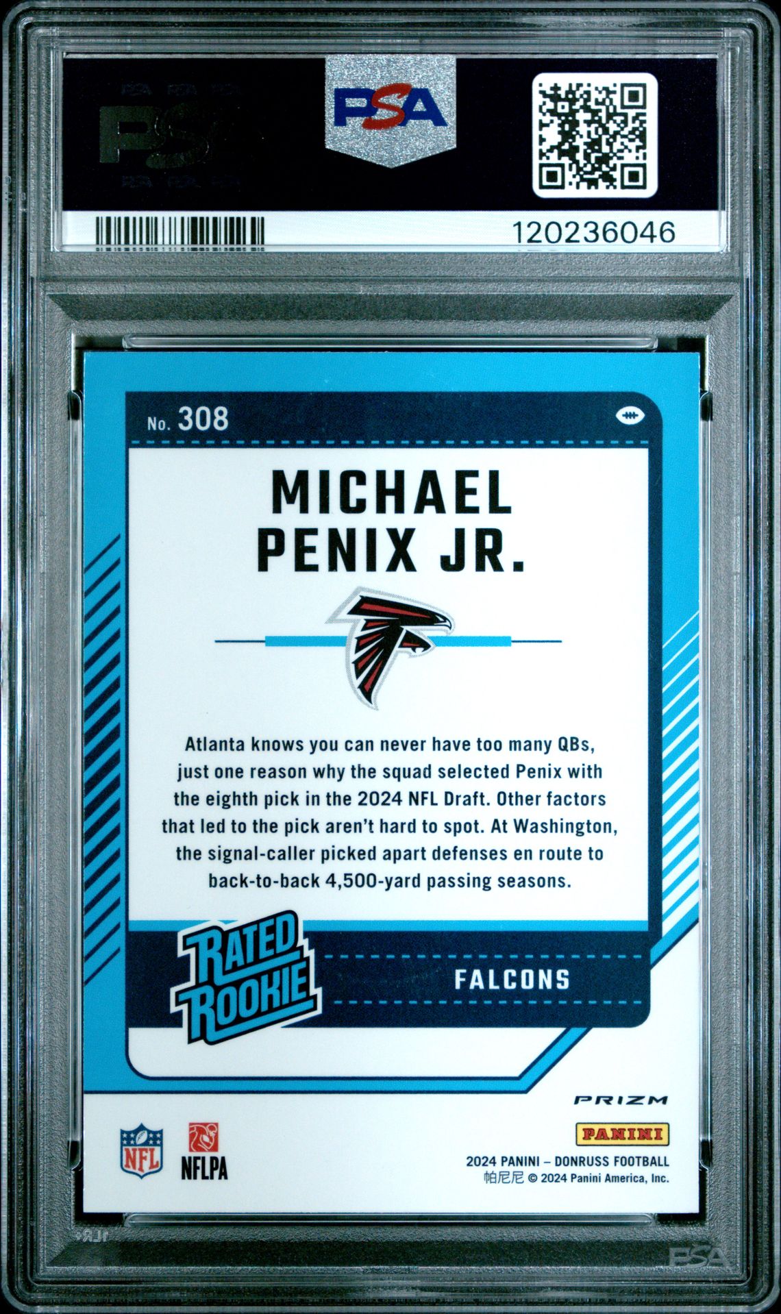 2024 Panini Donruss Michael Penix Jr. #308 (Optic Preview-Pink) Mint 9 back