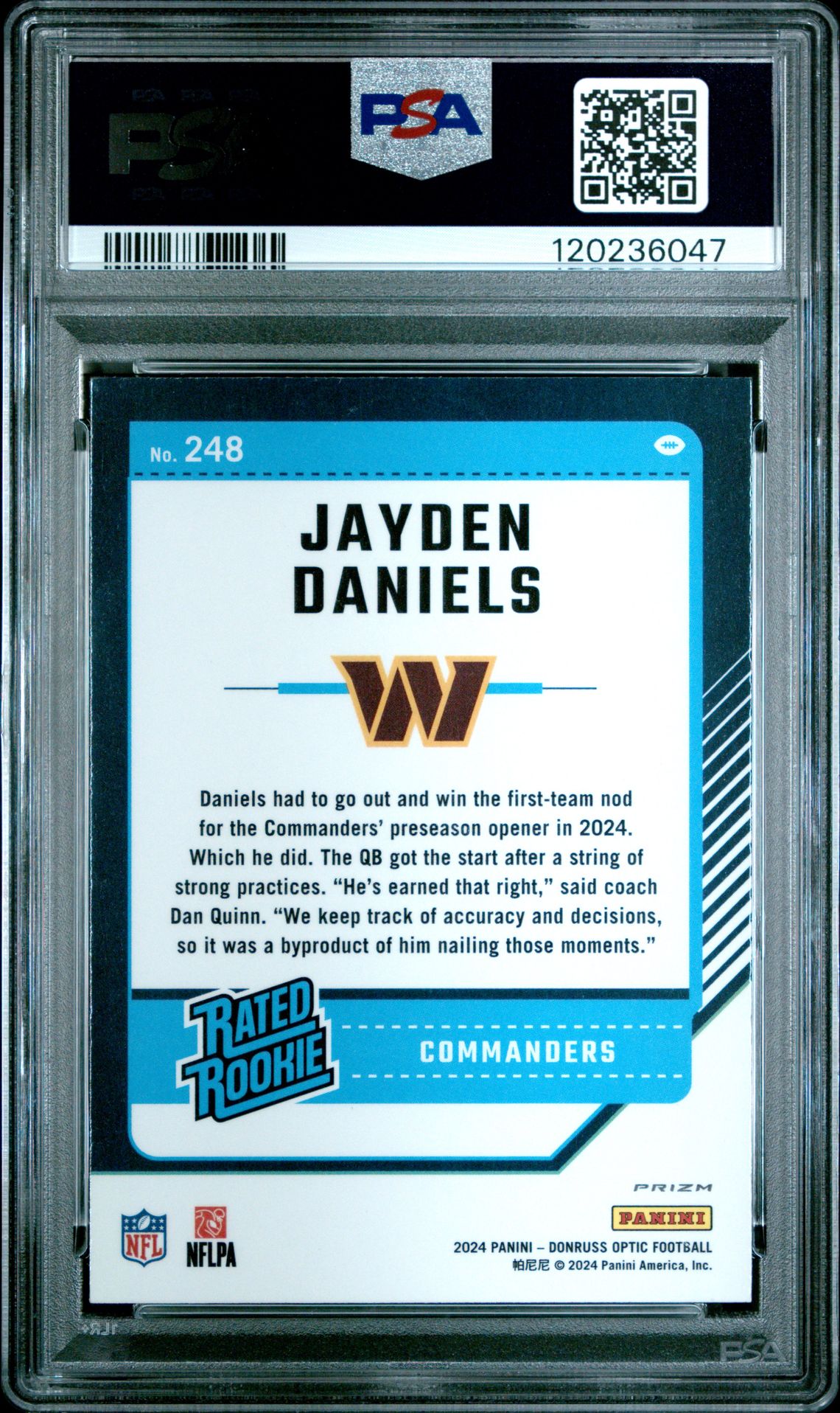 2024 Panini Donruss Optic Jayden Daniels #248 (Green Velocity) Mint 9 back