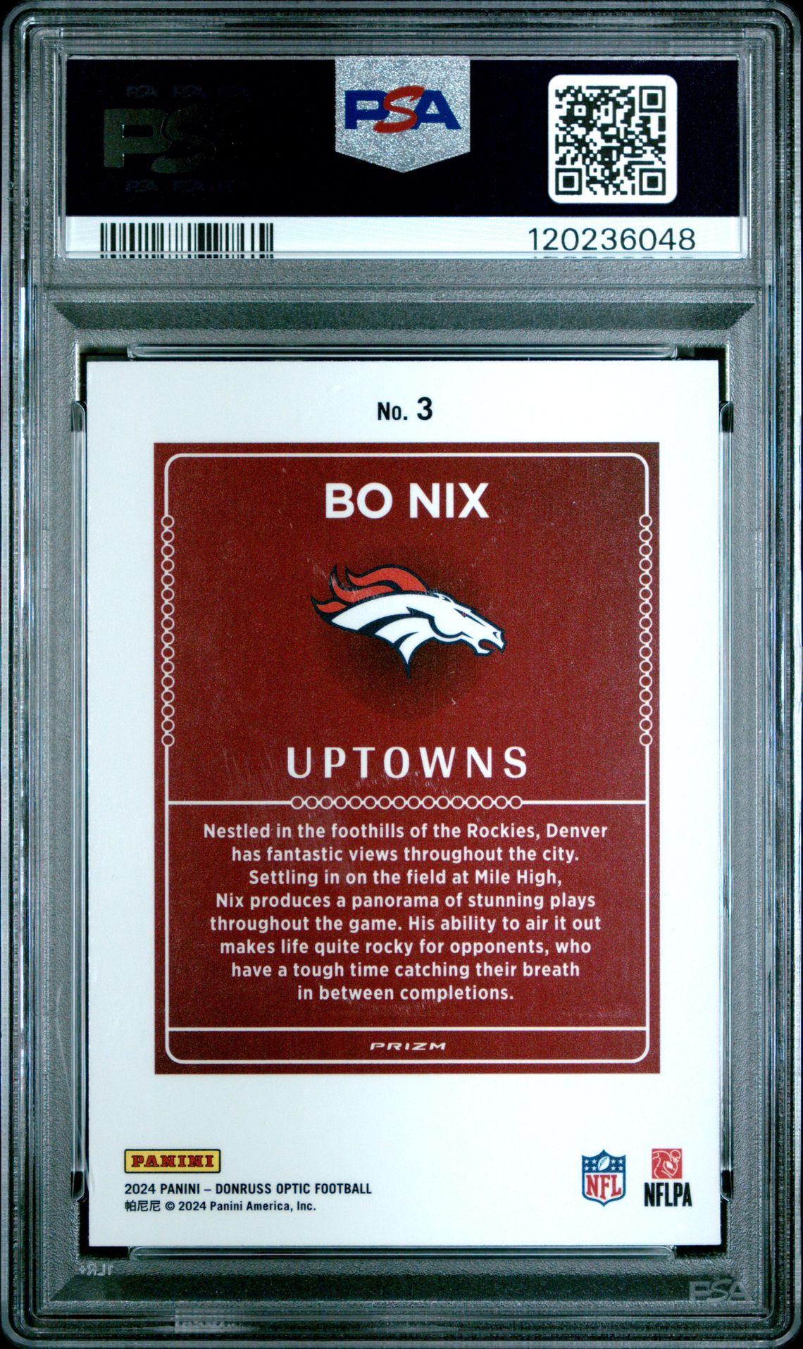 2024 Panini Donruss Optic Uptowns Bo Nix #3 Gem Mt 10 back