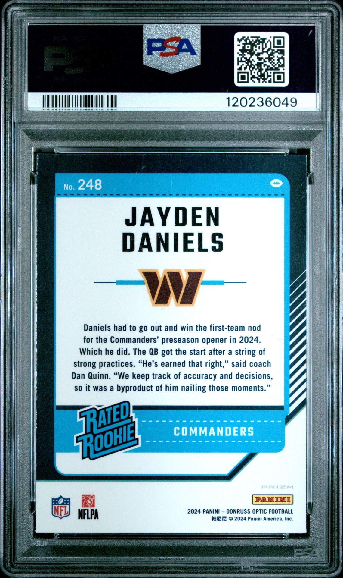 2024 Panini Donruss Optic Jayden Daniels #248 (Holo) Gem Mt 10 back