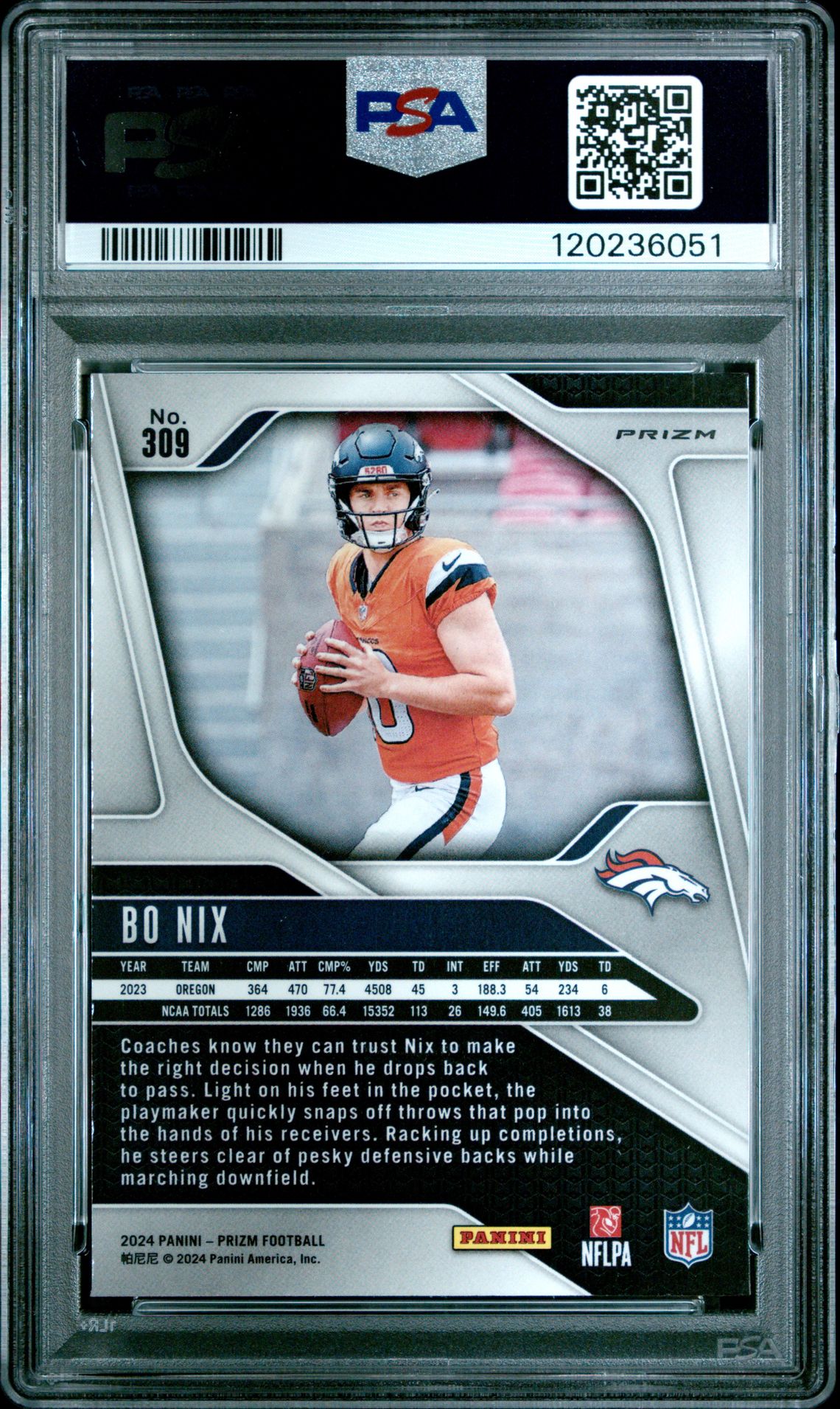 2024 Panini Prizm Bo Nix #309 (Orange Ice) Gem Mt 10 back