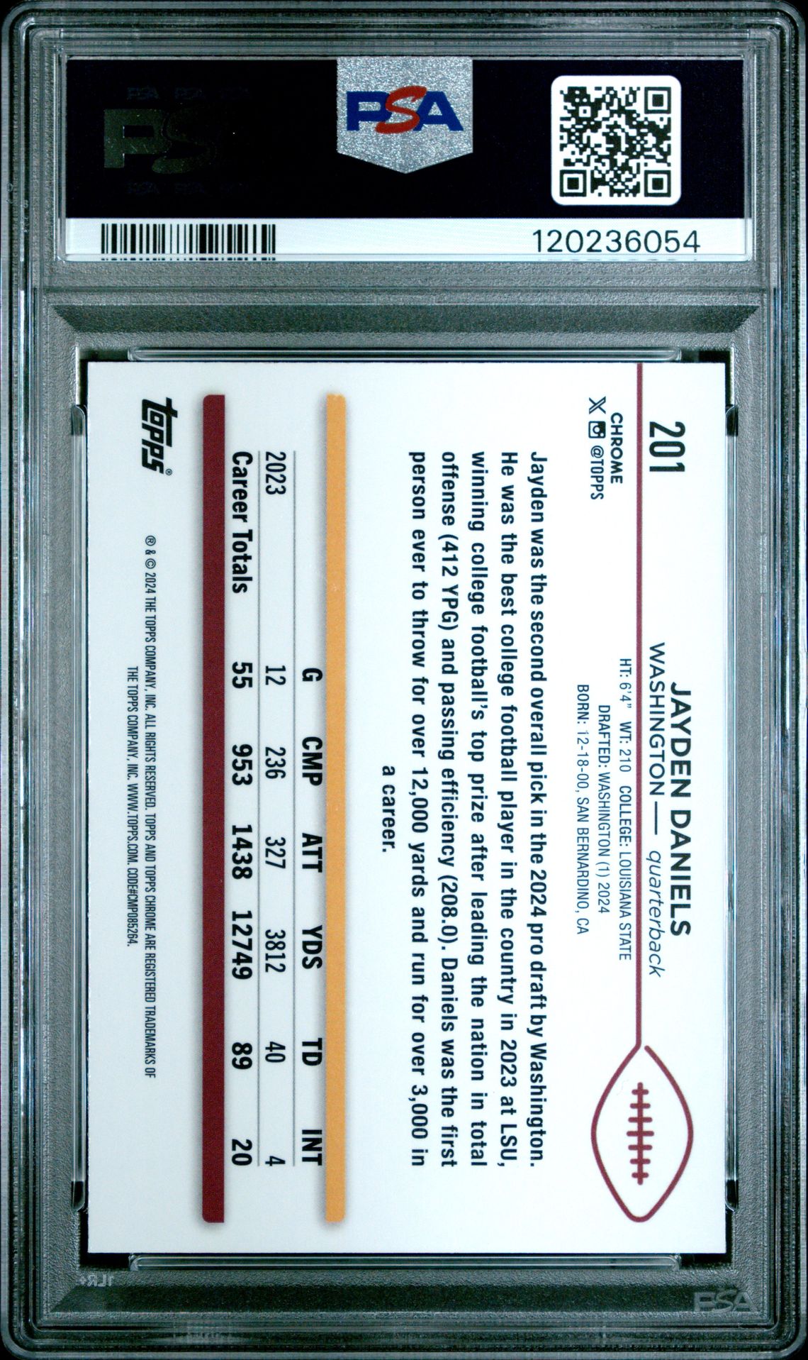 2024 Topps Chrome Jayden Daniels #201 (Blue Sonar) Gem Mt 10 back