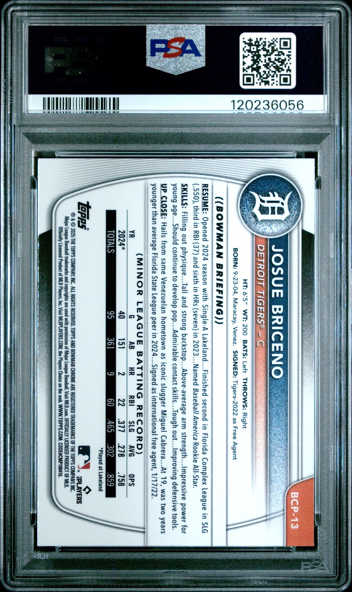 2025 Bowman Chrome Prospects Josue Briceno #Bcp13 (Chrome Pros-Green Shimmer) Gem Mt 10 back