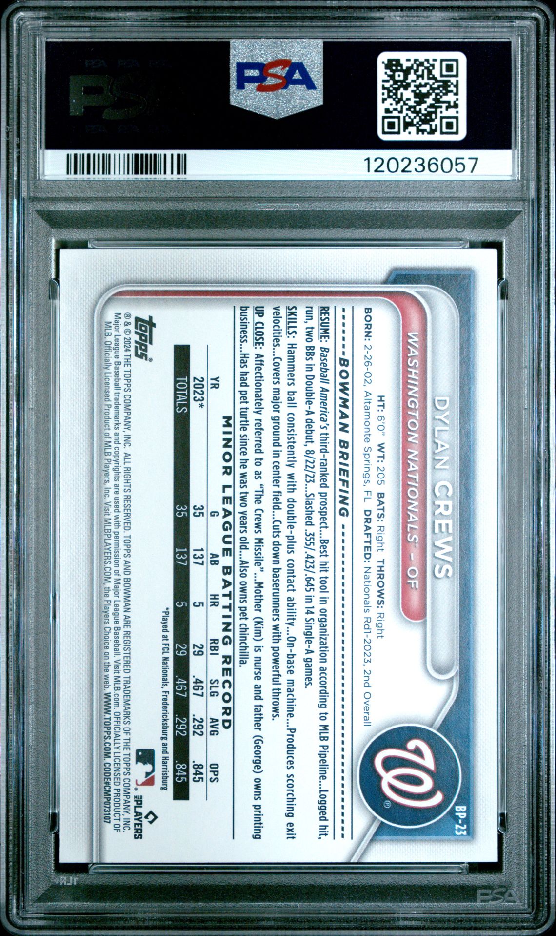 2024 Bowman Paper Prospects Dylan Crews #Bp23 (Paper Prspcts-Grn Pattern) Mint 9 back