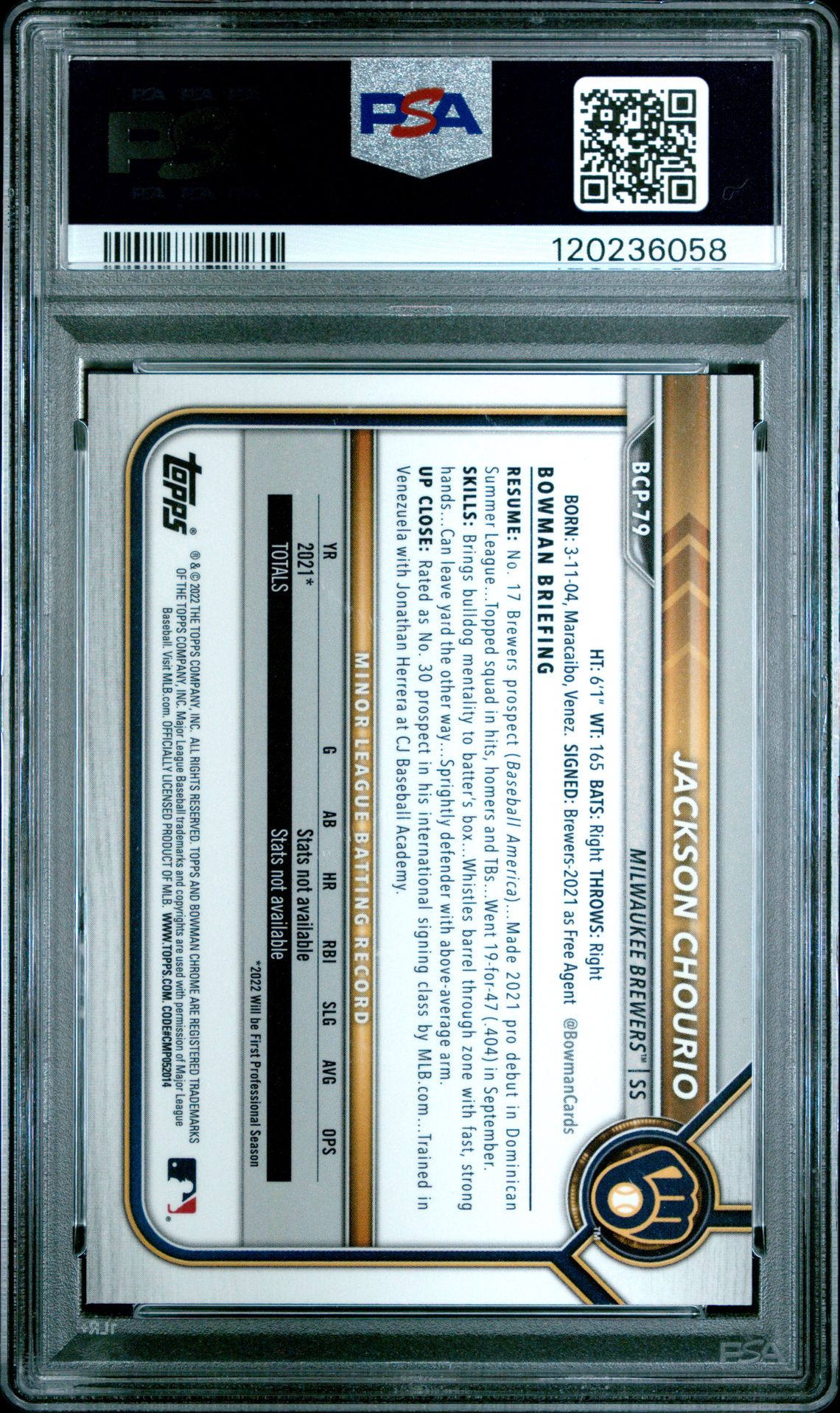 2022 Bowman Mega Box Chrome Jackson Chourio #79 (Chrome-Aqua Refractor) Mint 9 back