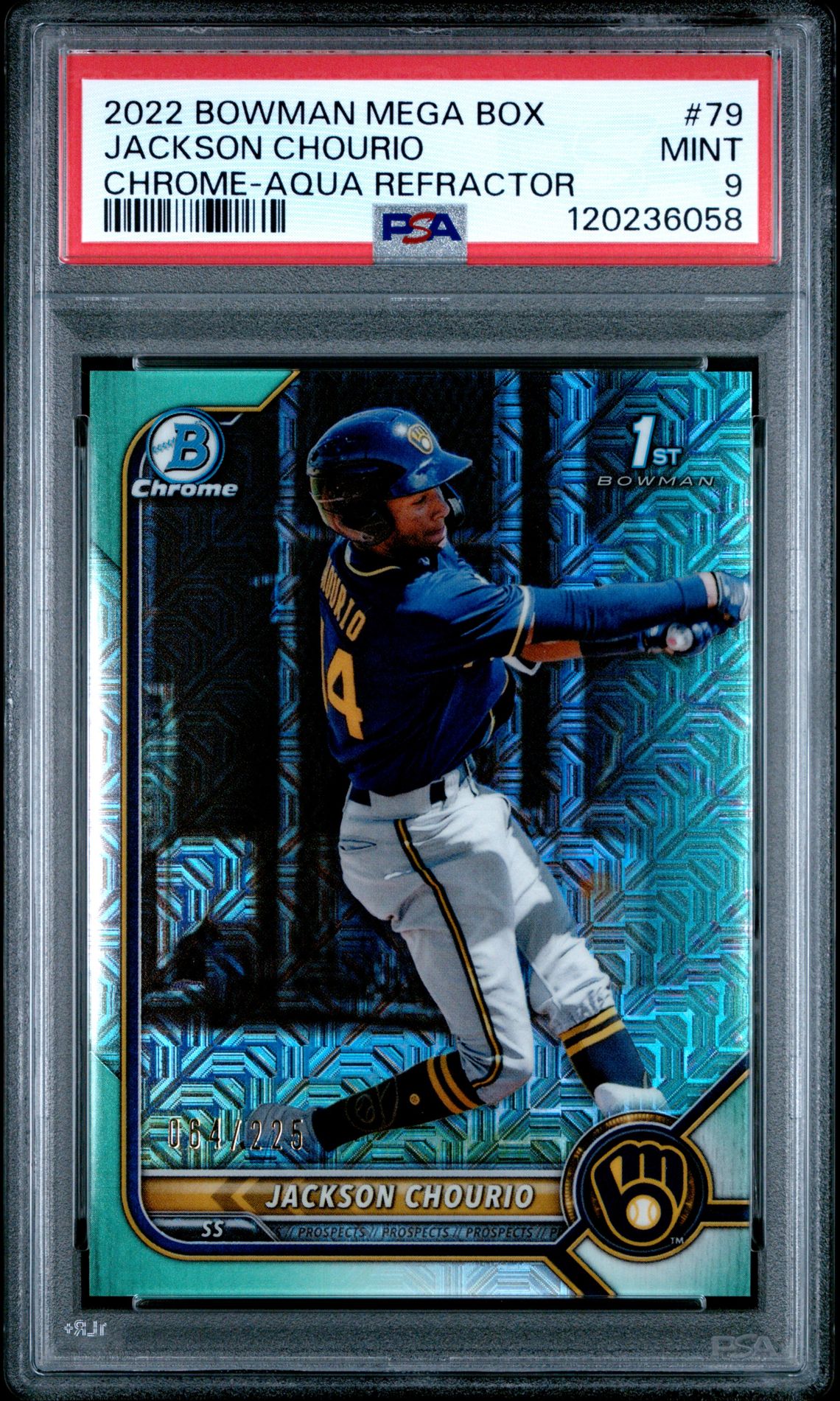 2022 Bowman Mega Box Chrome Jackson Chourio #79 (Chrome-Aqua Refractor) Mint 9 front