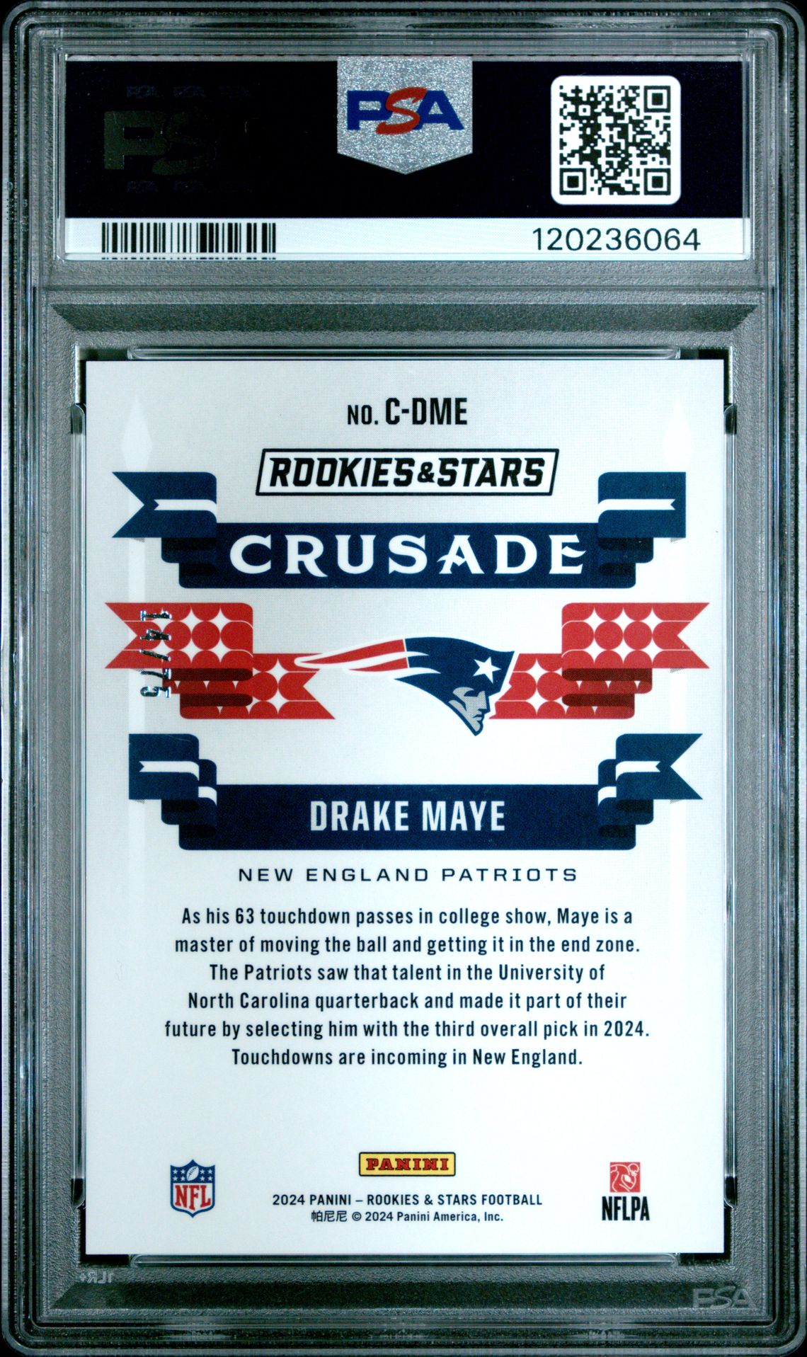 2024 Panini Rookies & Stars Crusade Drake Maye #Cdme (Crusade-Pink) Gem Mt 10 back