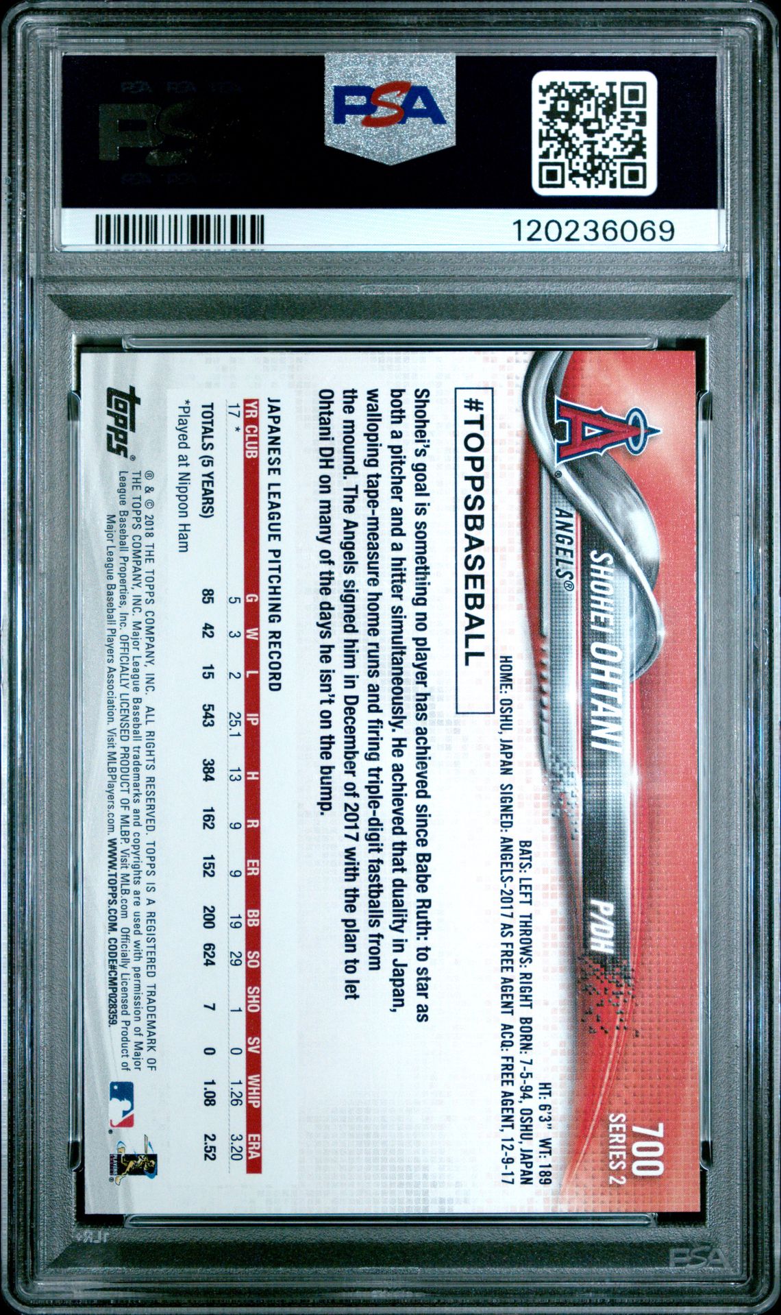 2018 Topps Shohei Ohtani #700 (Pitching) Gem Mt 10 back