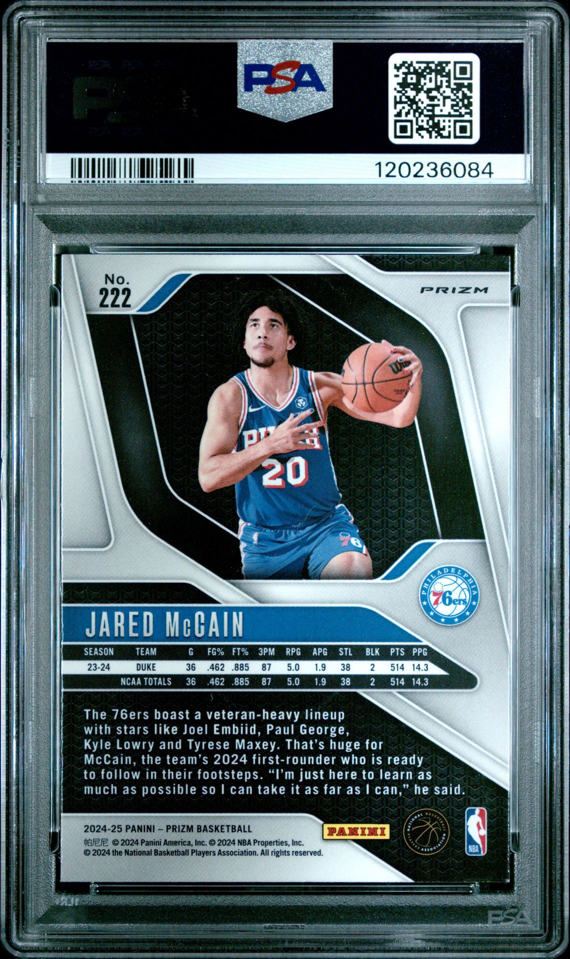 2024 Panini Prizm Jared Mccain #222 (Red White Blue Prizm) Gem Mt 10 back