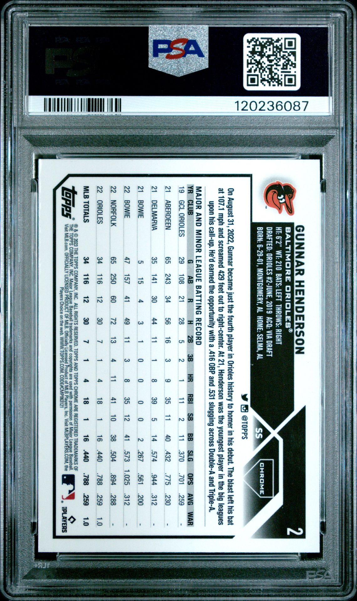 2023 Topps Chrome Gunnar Henderson #2 Gem Mt 10 back