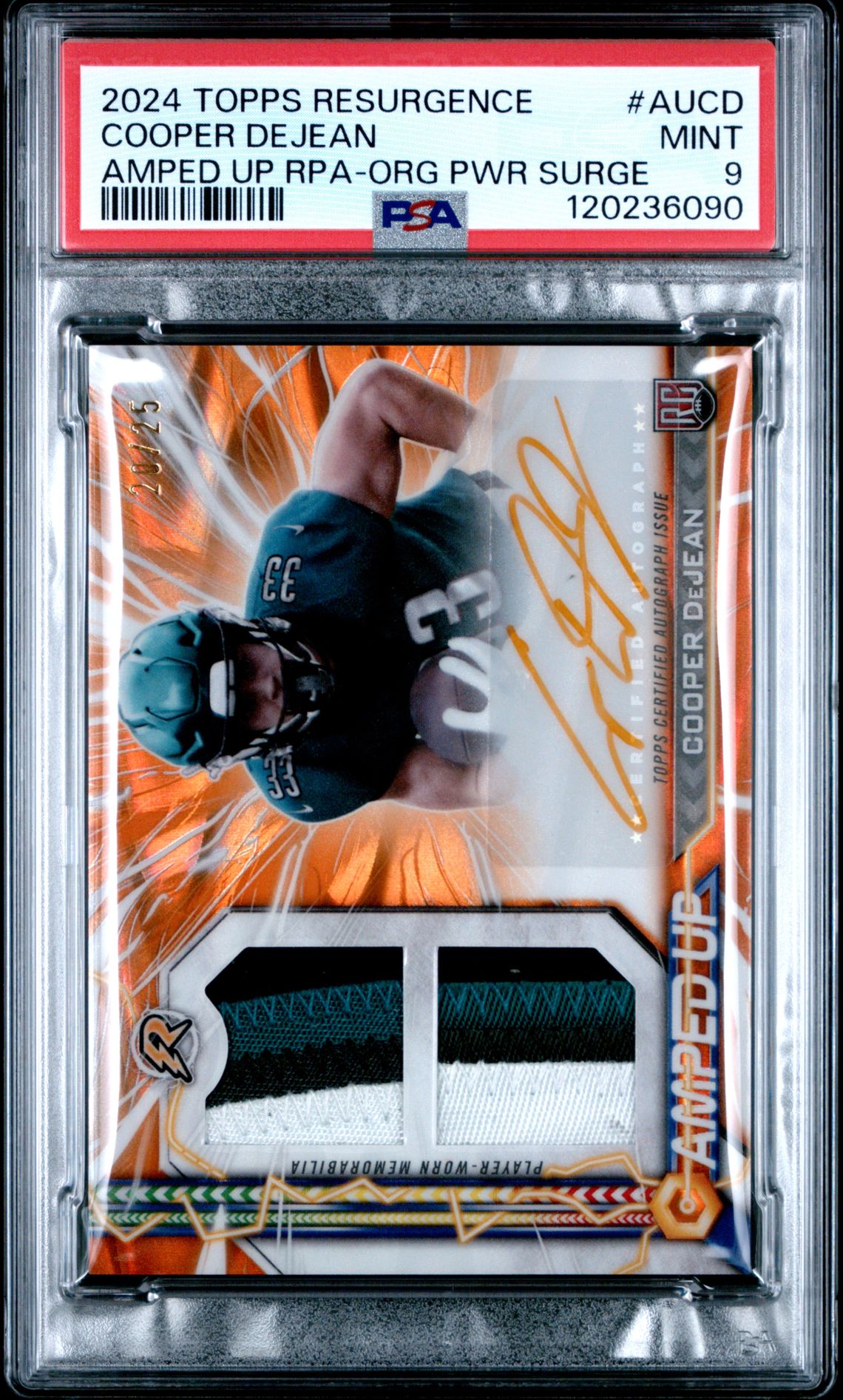 2024 Topps Resurgence Amped Up Rookie Patch Autographs Cooper Dejean #Aucd (Amped Up Rpa-Org Pwr Surge) Mint 9 front