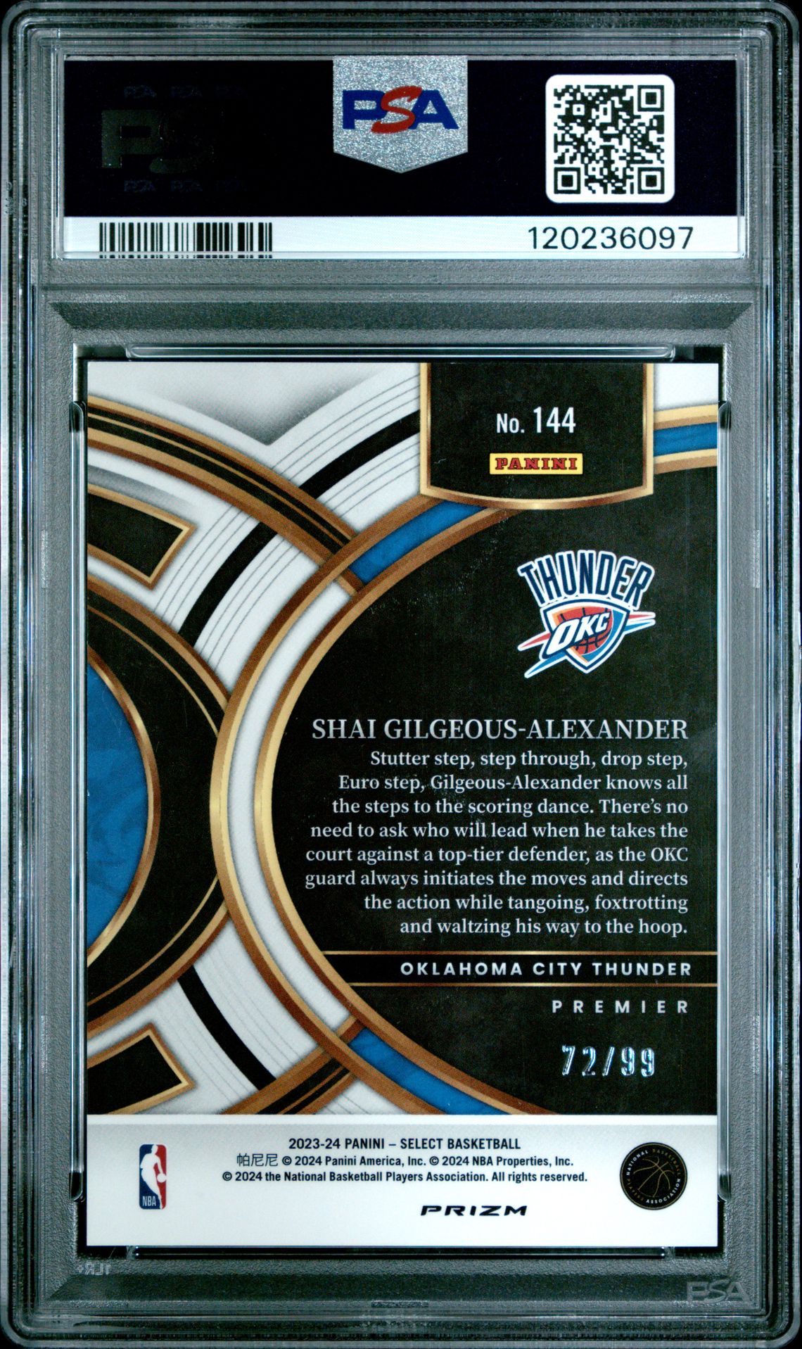 2023 Panini Select S. Gilgeous-Alexander #144 (Light Blue Disco) Mint 9 back