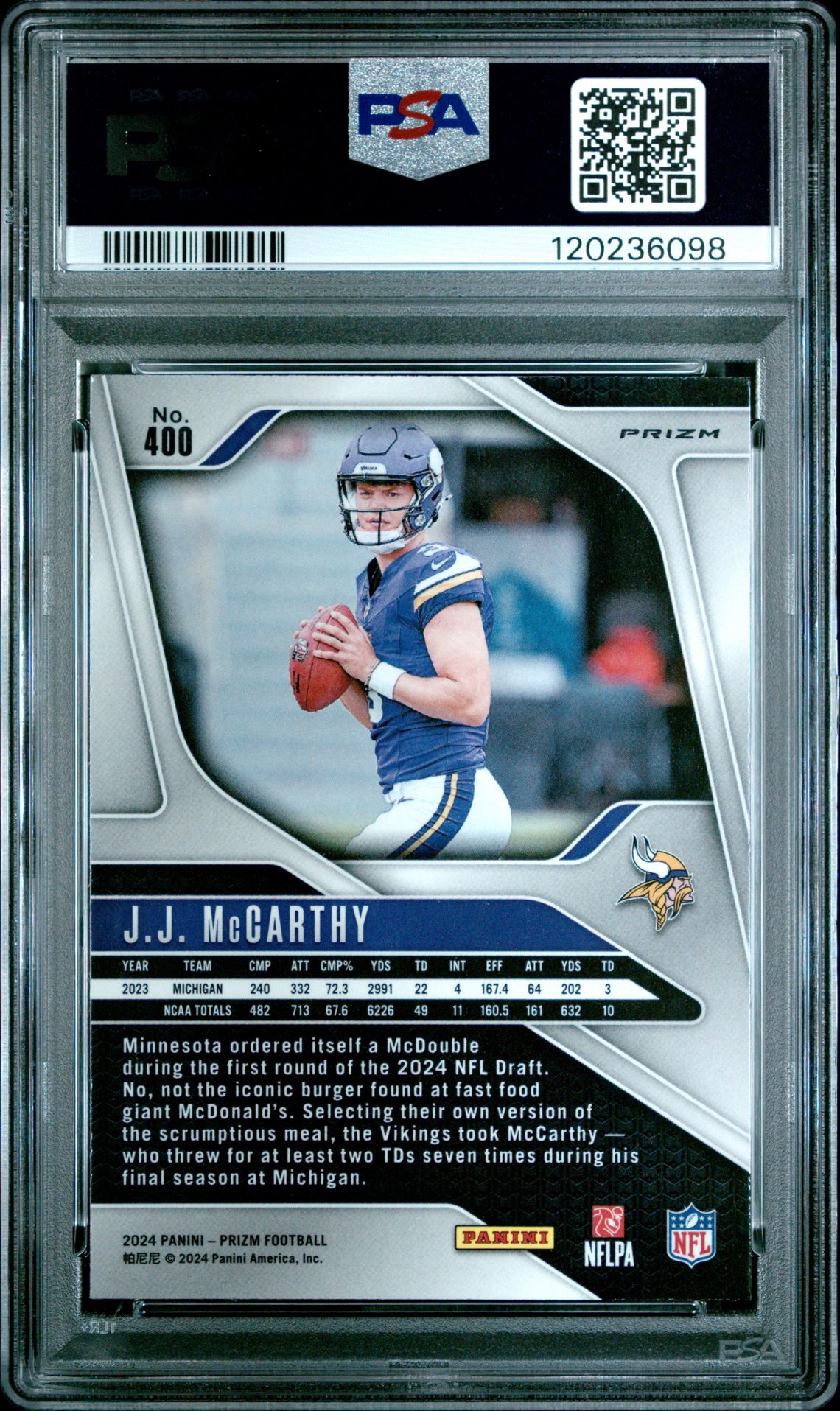 2024 Panini Prizm Jj Mccarthy #400 (Lazer Prizm) Mint 9 back