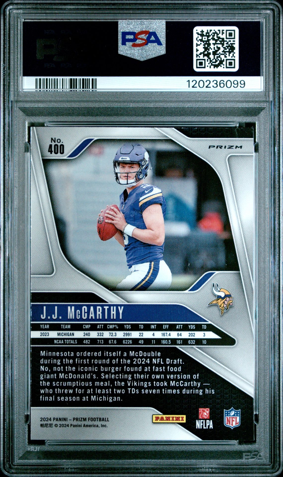 2024 Panini Prizm Jj Mccarthy #400 (Silver Prizm) Gem Mt 10 back