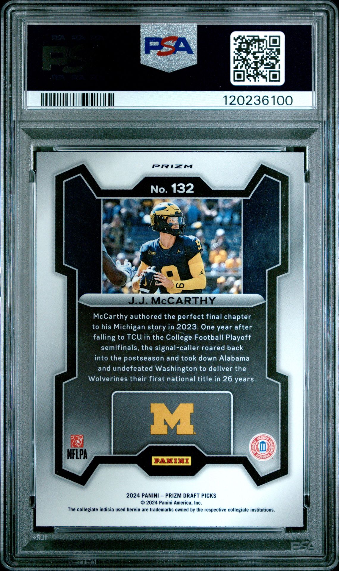 2024 Panini Prizm Draft Picks Jj Mccarthy #132 (Silver Prizm) Gem Mt 10 back