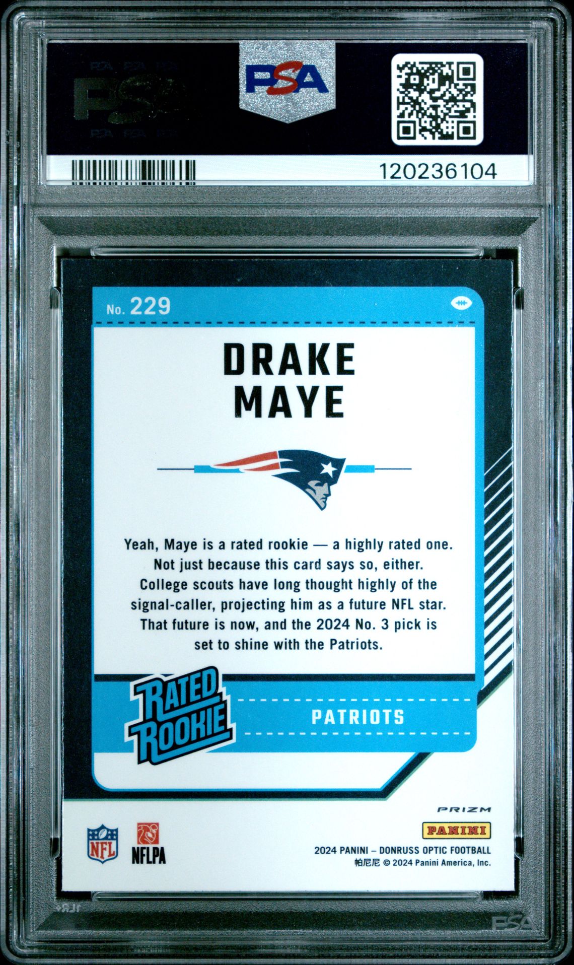 2024 Panini Donruss Optic Drake Maye #229 (Holo) Mint 9 back
