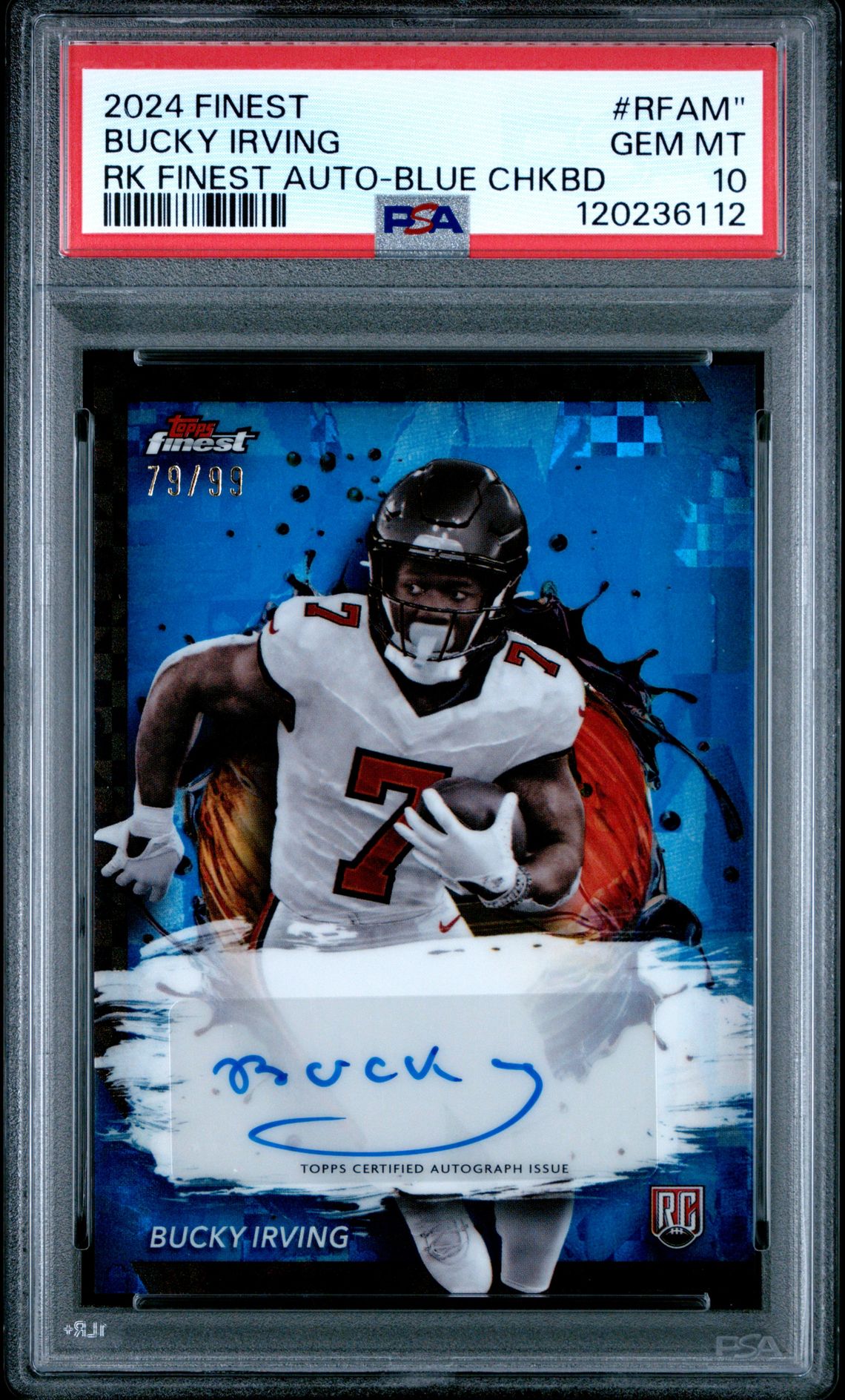 2024 Topps Finest Rookie Finest Autographs Bucky Irving #Rfam" (Rk Finest Auto-Blue Chkbd) Gem Mt 10 front