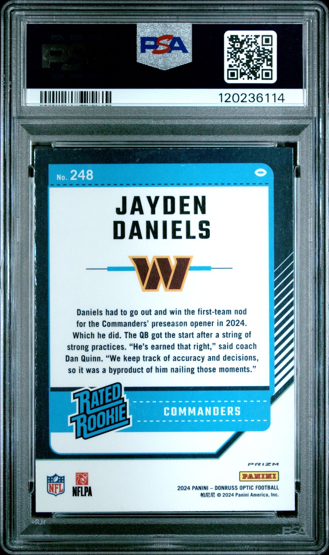 2024 Panini Donruss Optic Jayden Daniels #248 (Purple Shock) Gem Mt 10 back