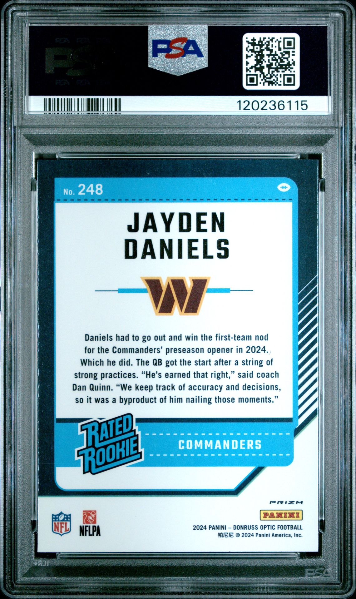 2024 Panini Donruss Optic Jayden Daniels #248 (Purple Shock) Gem Mt 10 back