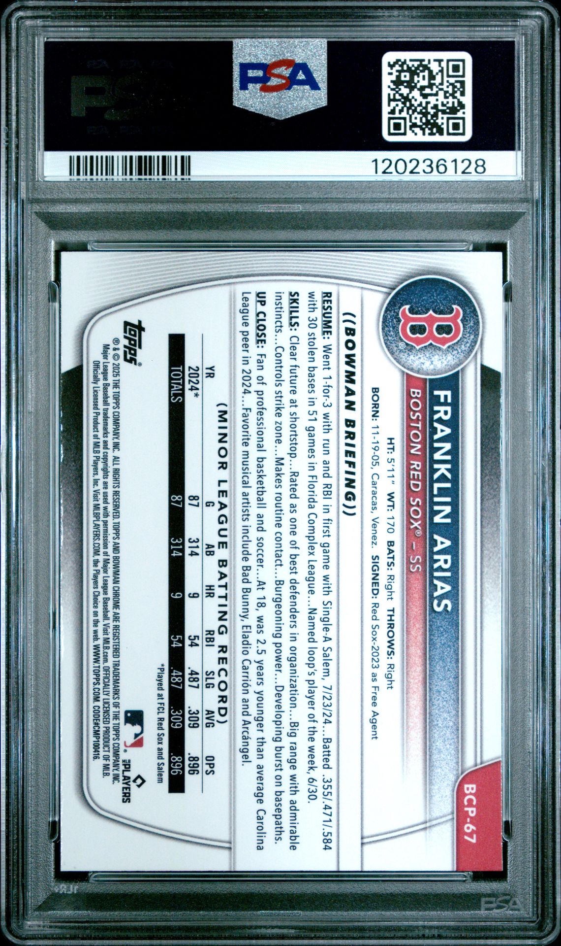 2025 Bowman Chrome Prospects Franklin Arias #Bcp67 Mint 9 back