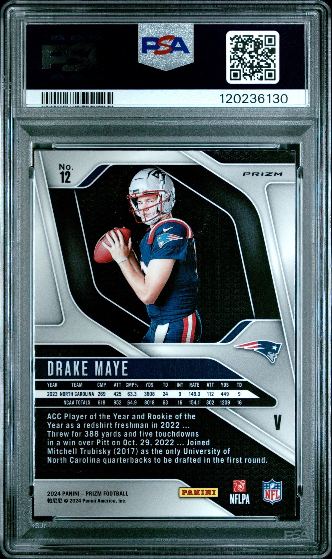 2024 Panini Prizm Rookie Variation Drake Maye #12 Gem Mt 10 back