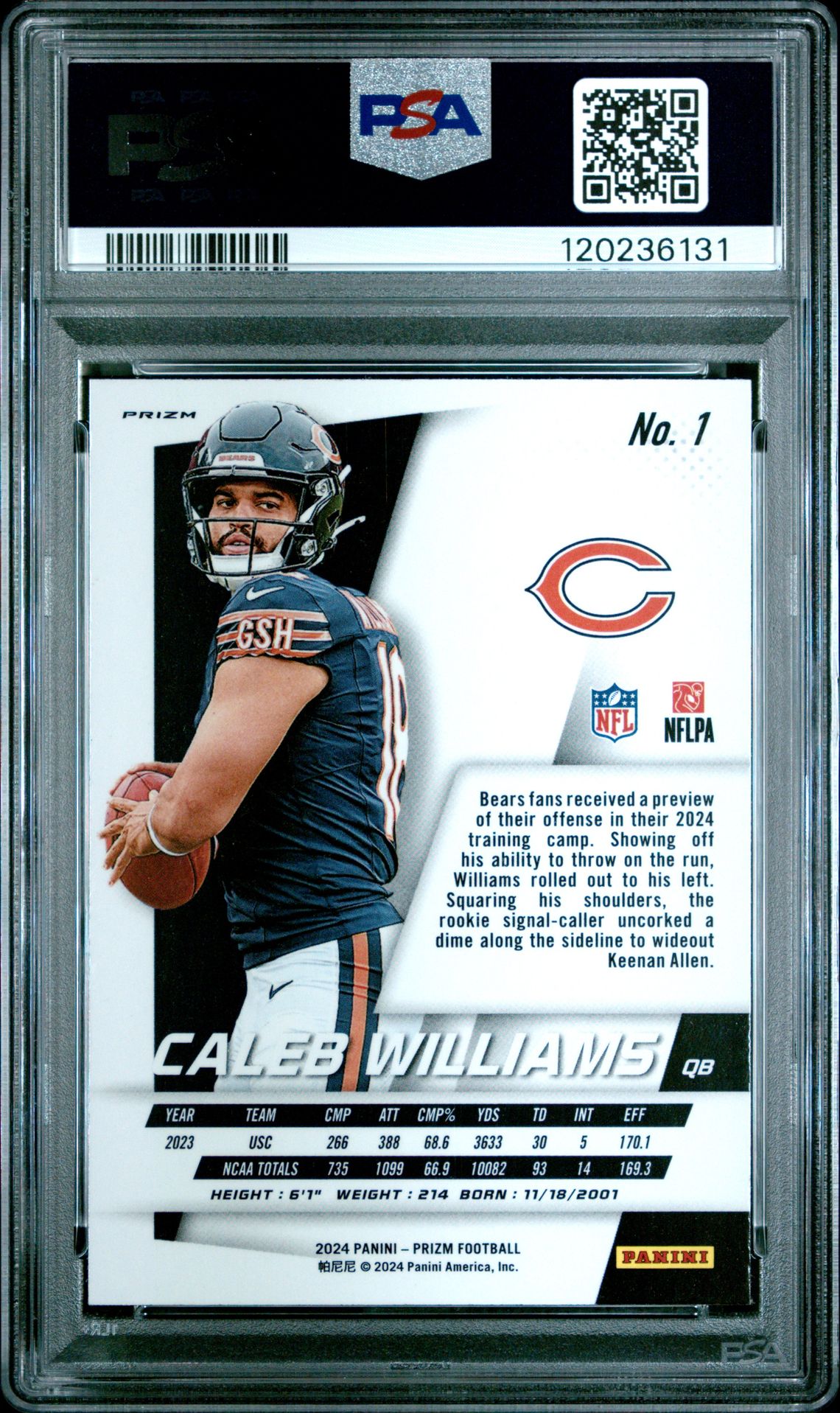 2024 Panini Prizm Prizm Flashback Rookie Caleb Williams #1 (Flashback Rookie-No Huddle) Gem Mt 10 back