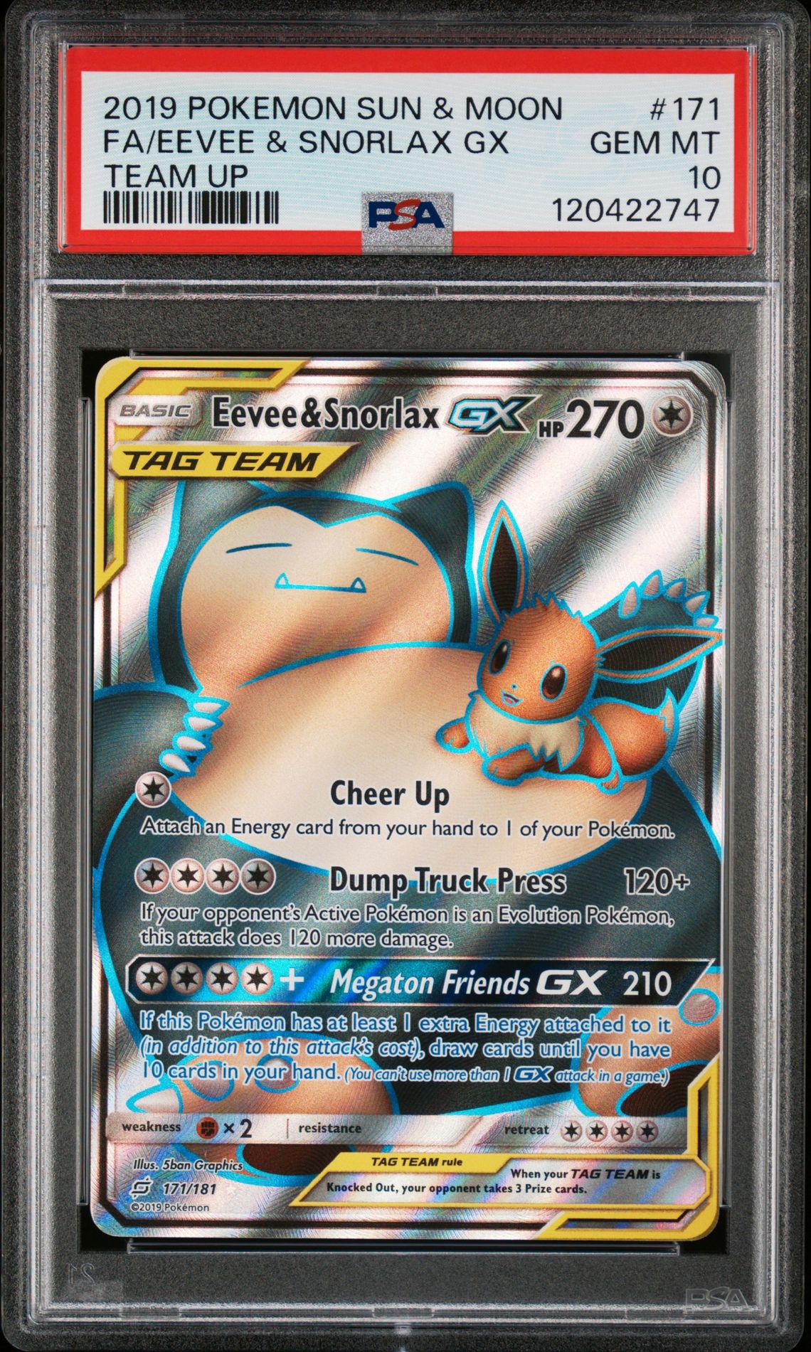 2019 Pokemon Sun & Moon Team Up Fa/Eevee & Snorlax Gx #171 (Team Up) Gem Mt 10 front