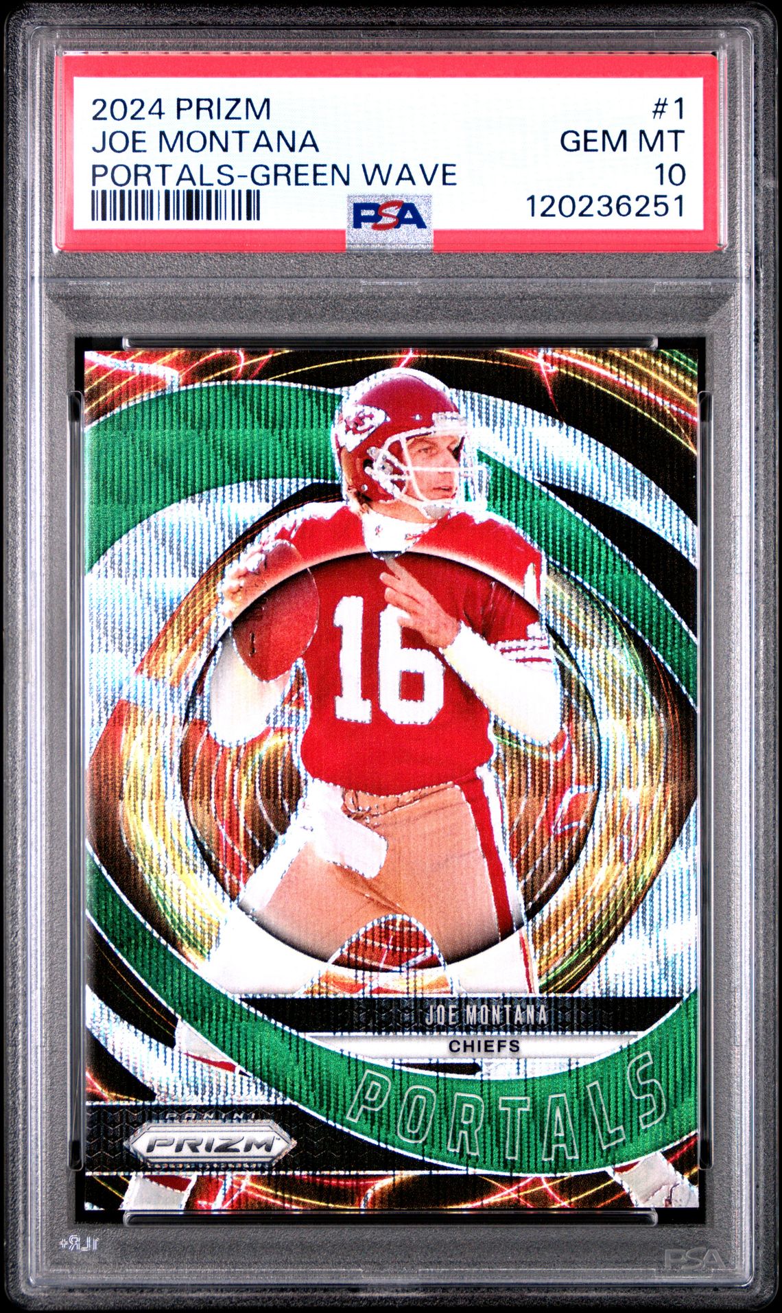2024 Panini Prizm Portals Joe Montana #1 (Portals-Green Wave) Gem Mt 10 front