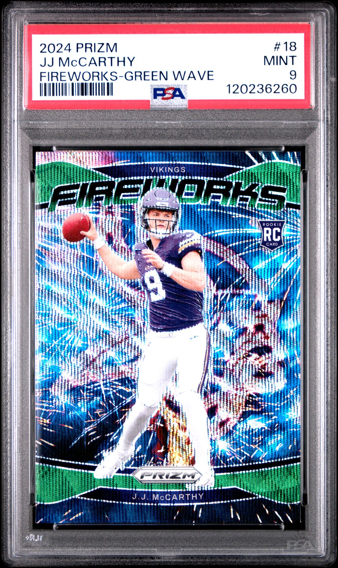 2024 Panini Prizm Fireworks Jj Mccarthy #18 (Fireworks-Green Wave) Mint 9 front
